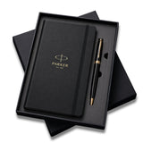 Parker Fusion Lacque Black Gold Trim Ballpoint Pen with A5 Black Large Notebook