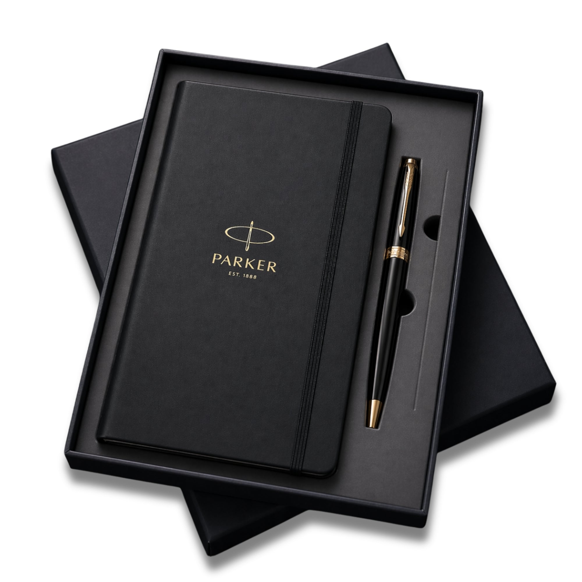 Parker Fusion Lacque Black Gold Trim Ballpoint Pen with A5 Black Large Notebook