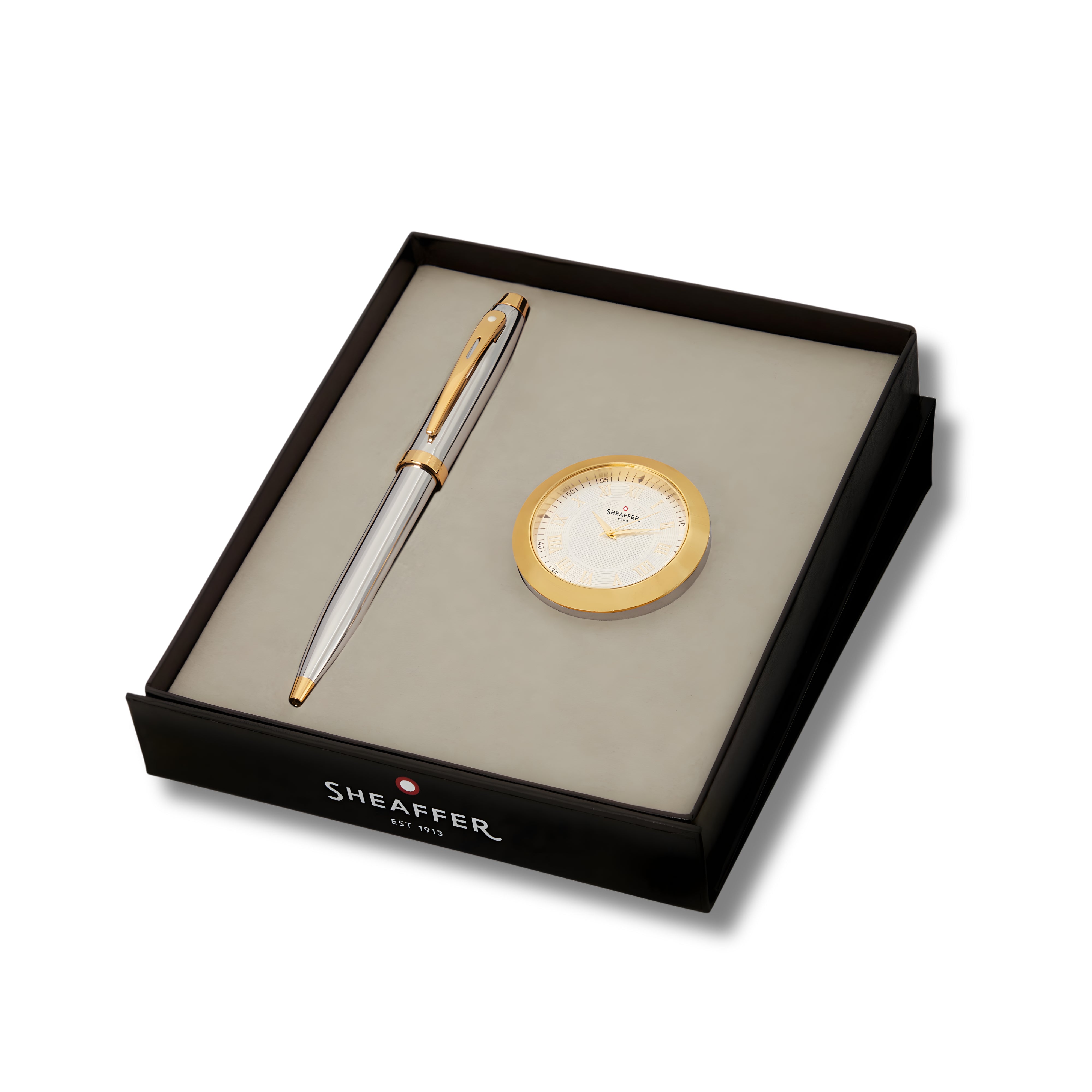 Sheaffer Bright Chrome with Gold Trims 100 Ballpoint Pen with Table Clock