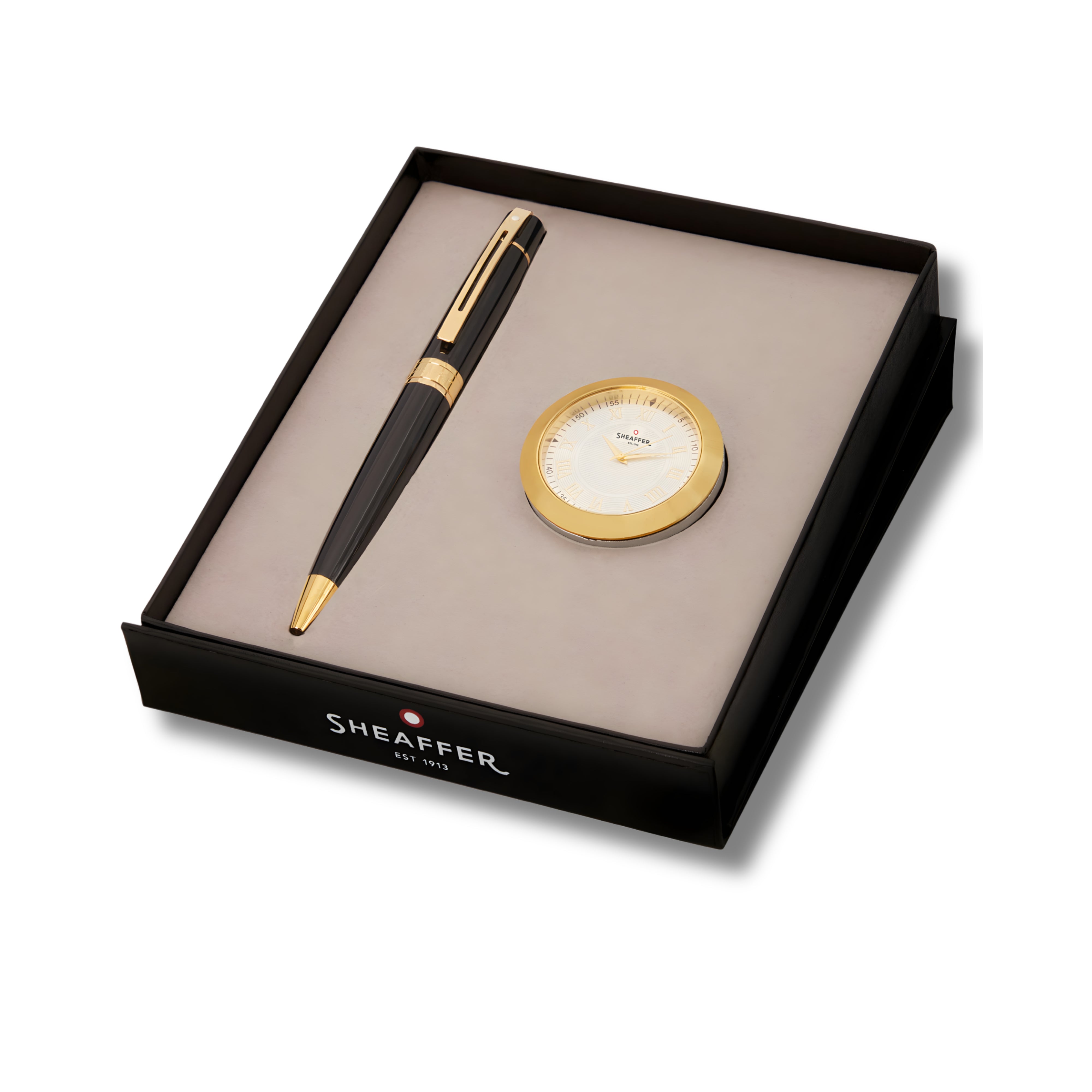 Sheaffer Gift Set ft. Glossy Black 300 Ballpoint Pen with Gold Trims and Table Clock