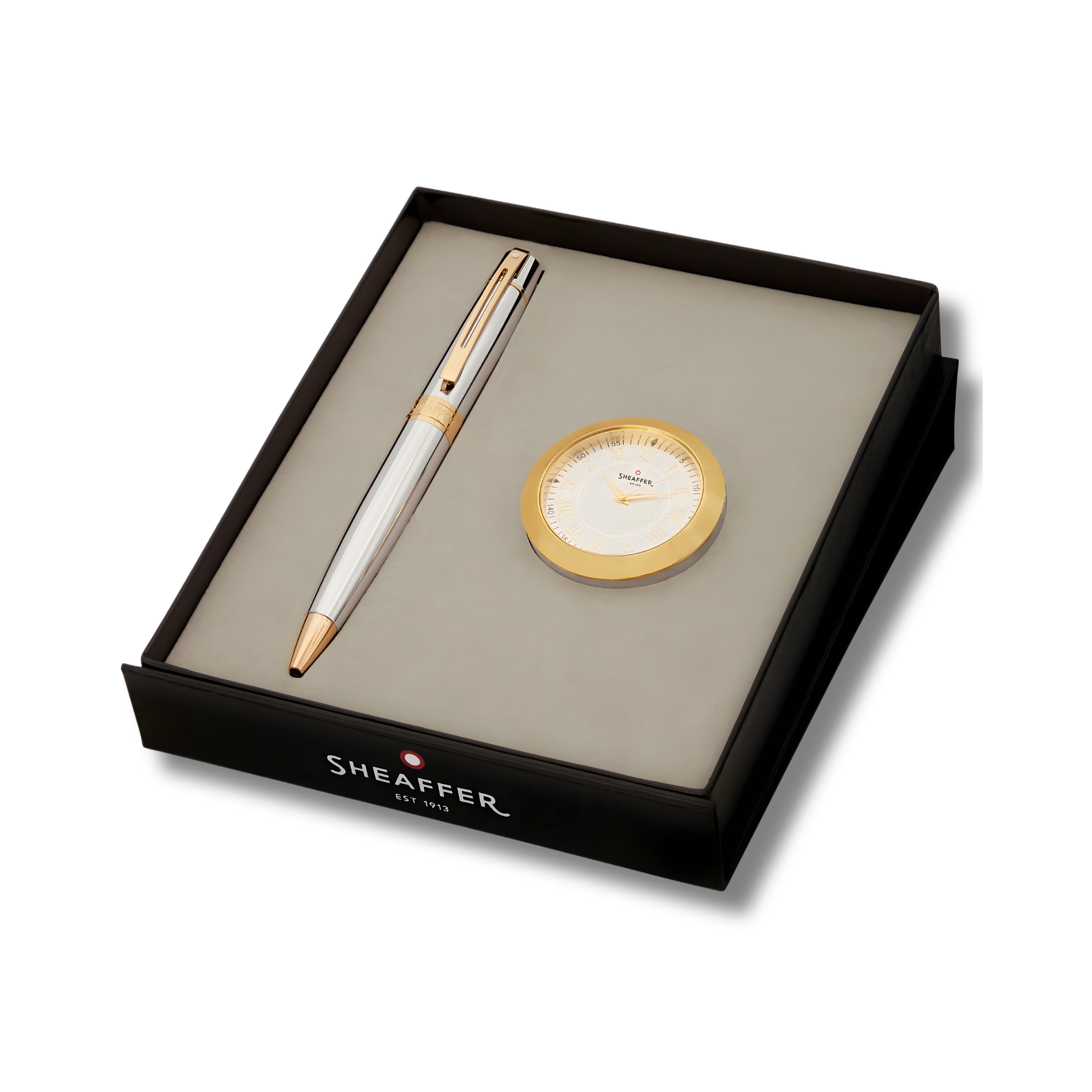 Sheaffer Gift Set ft. Bright Chrome 300 Ballpoint Pen with Gold Trims and Table Clock
