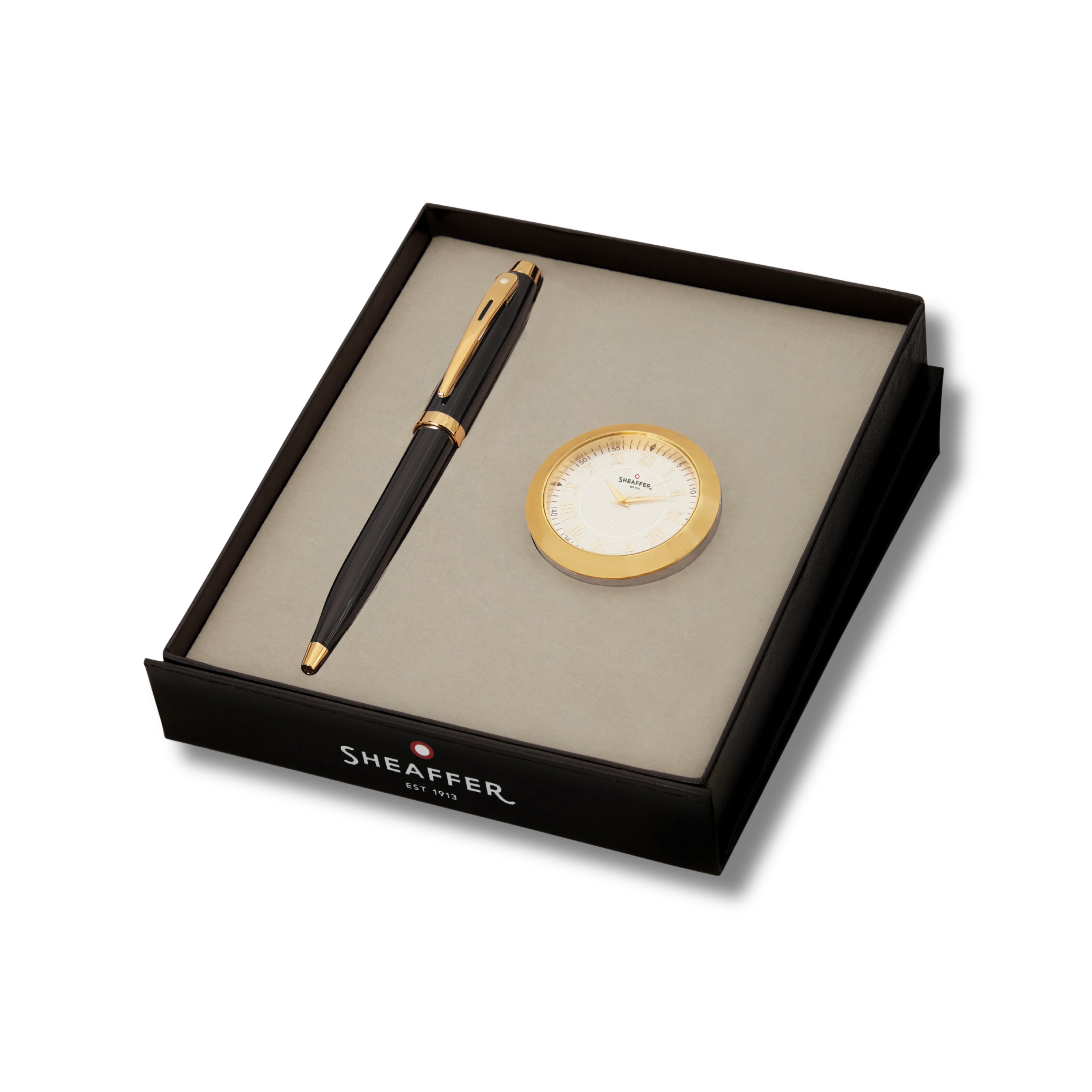 Sheaffer Glossy Black with Gold Trims 100 Ballpoint Pen with Table Clock