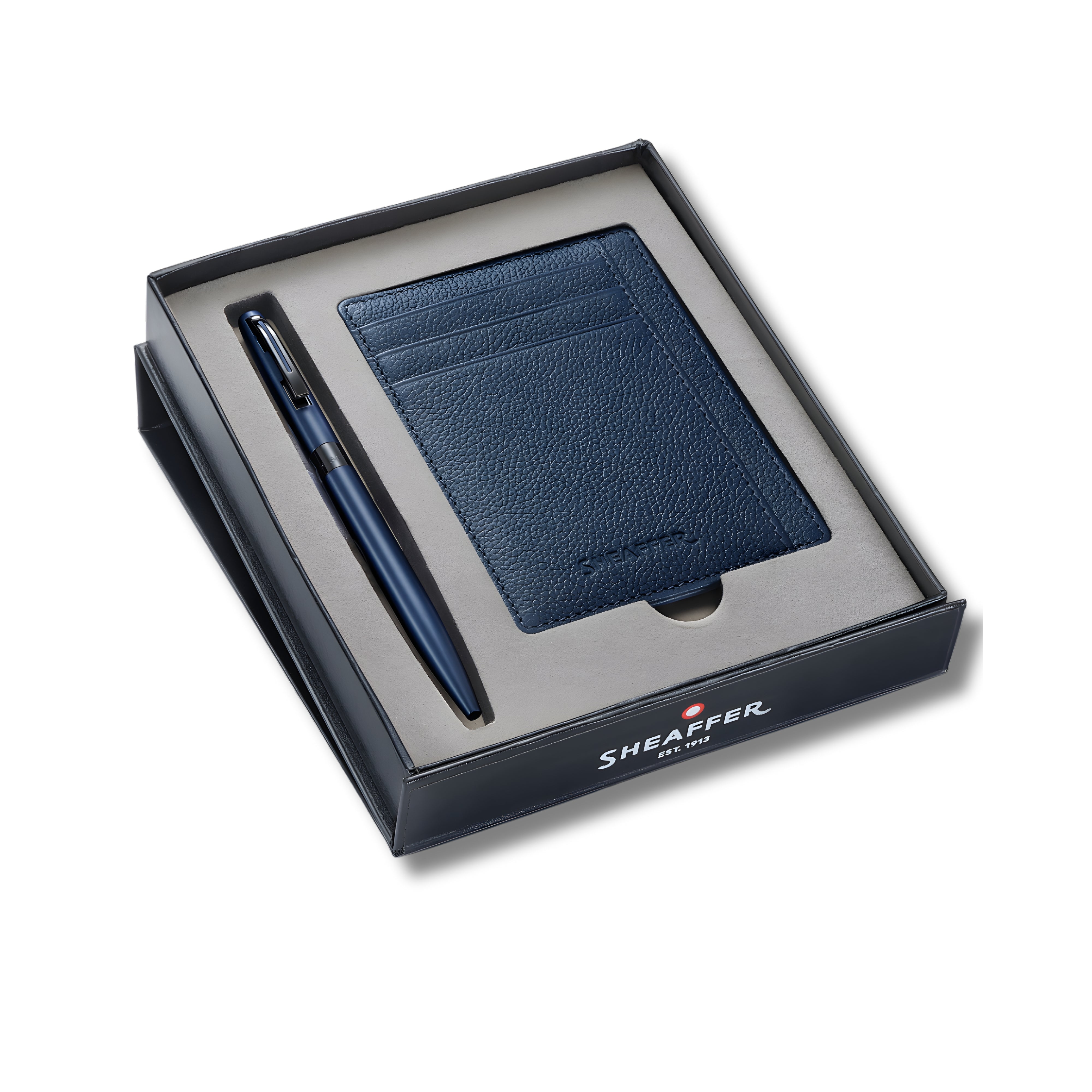 Sheaffer Gift Set ft. Matte Blue Reminder 9018 Ballpoint Pen with Black Trims and Sapphire Night Credit Card Holder