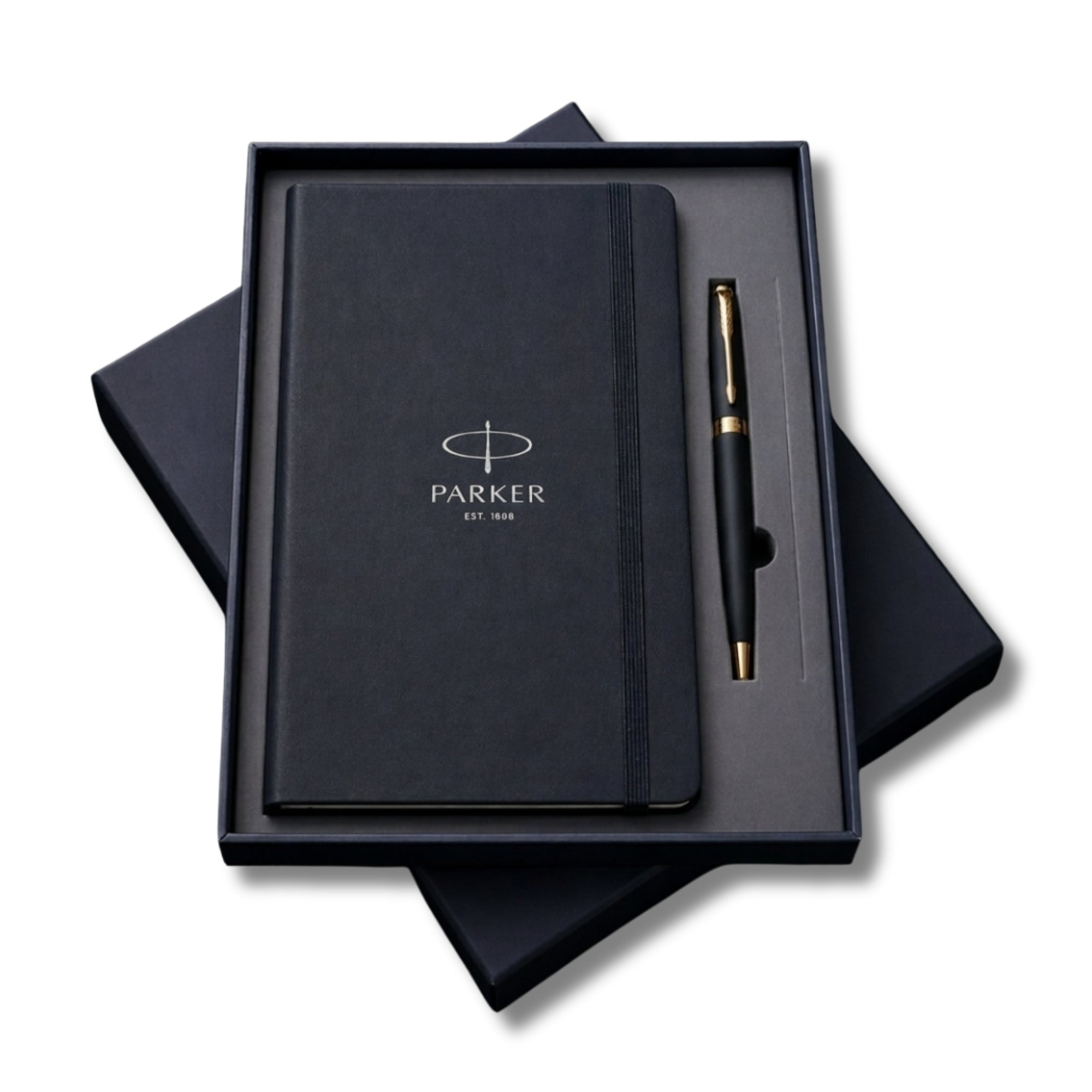 Parker Fusion Matte Black Gold Trim Ballpoint  Pen with A5 Black Large Notebook