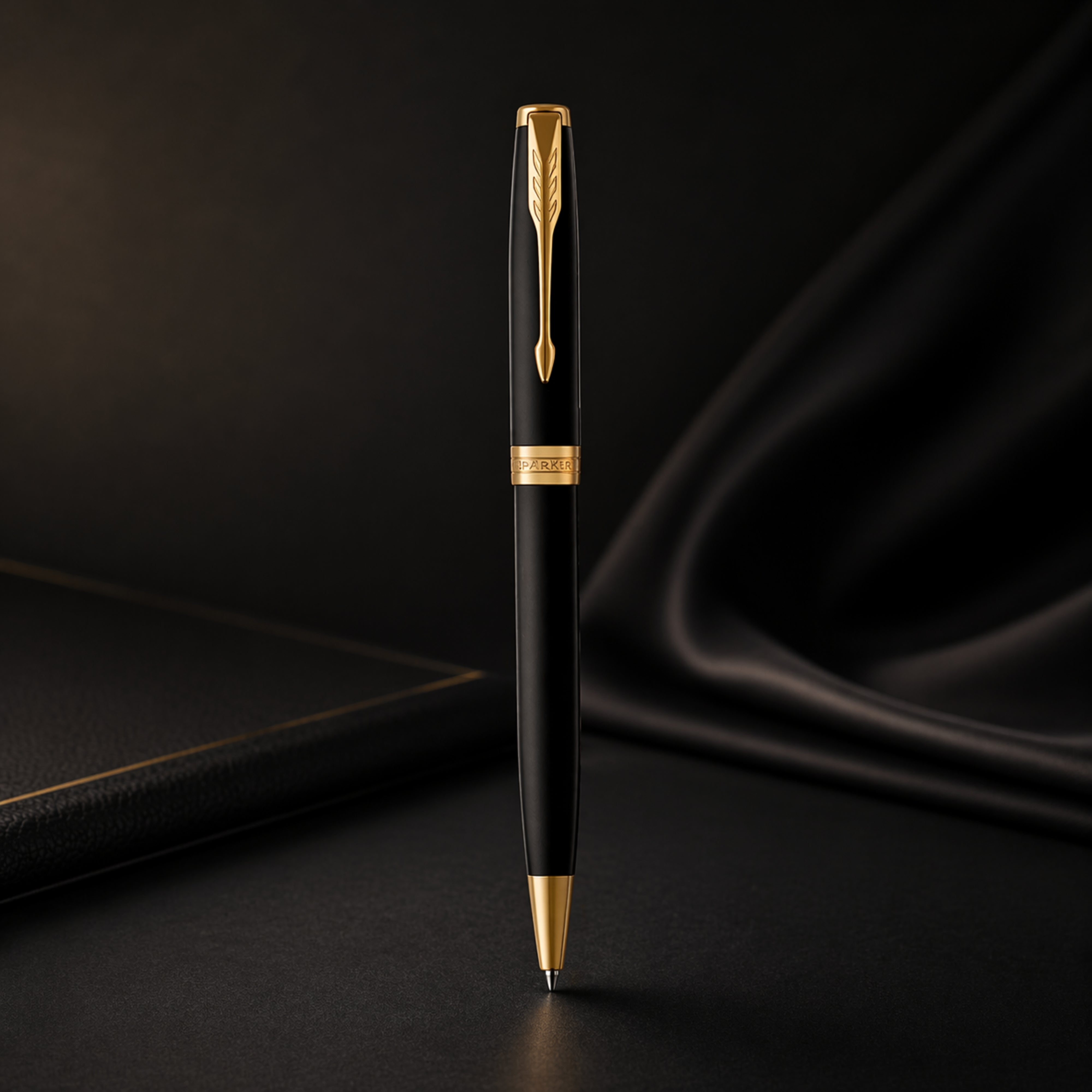 Parker Fusion Matte Black Gold Trim Ballpoint  Pen with A5 Black Large Notebook