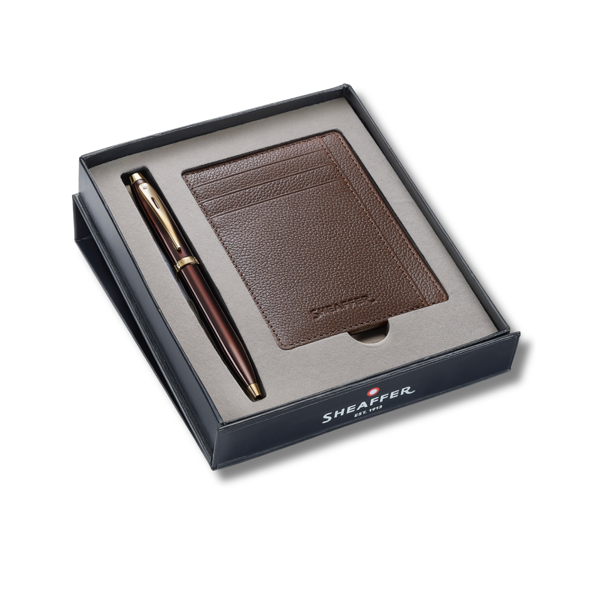 Sheaffer Gift Set ft. Glossy Brown 100 9370 Ballpoint Pen with Gold Trims and Rustic Mocha Credit Card Holder