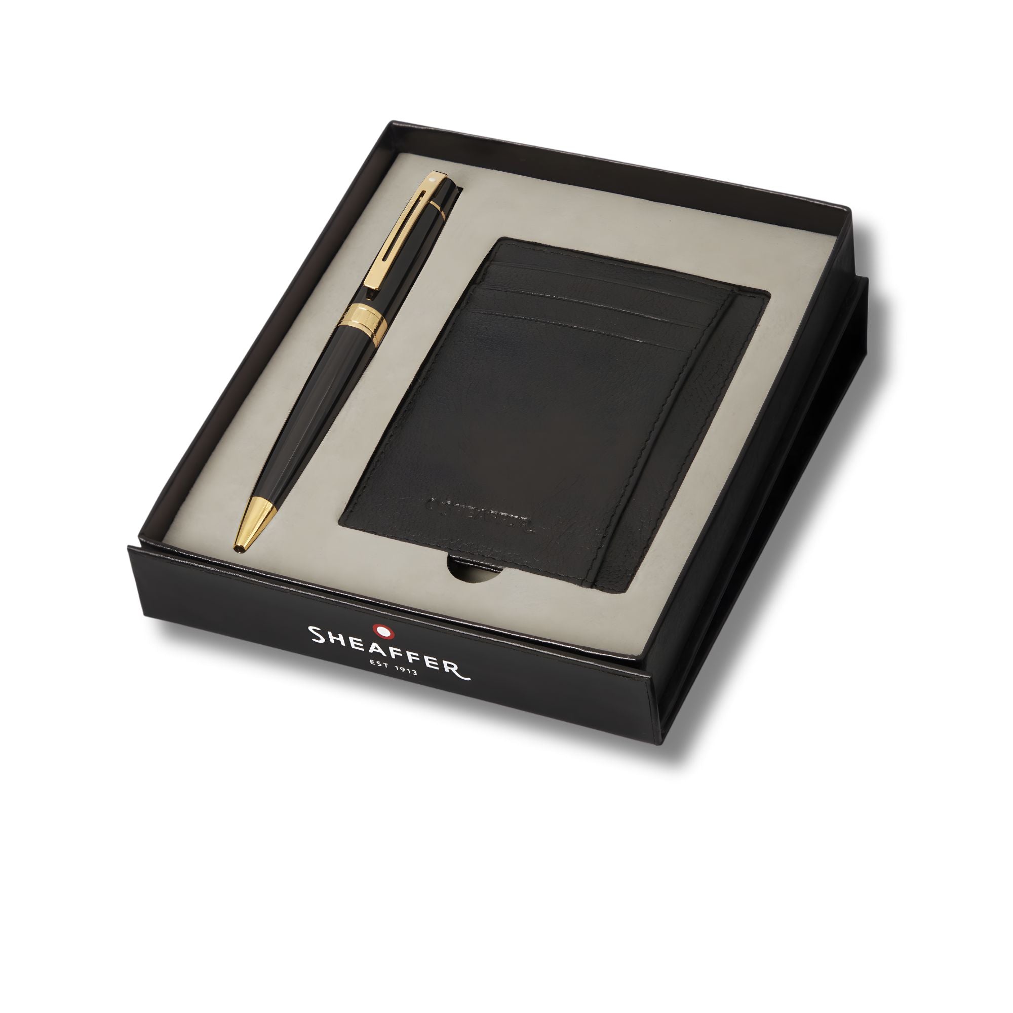 Sheaffer Gift Set ft. Glossy Black 300 Ballpoint Pen with Gold Trims and Credit Card Holder