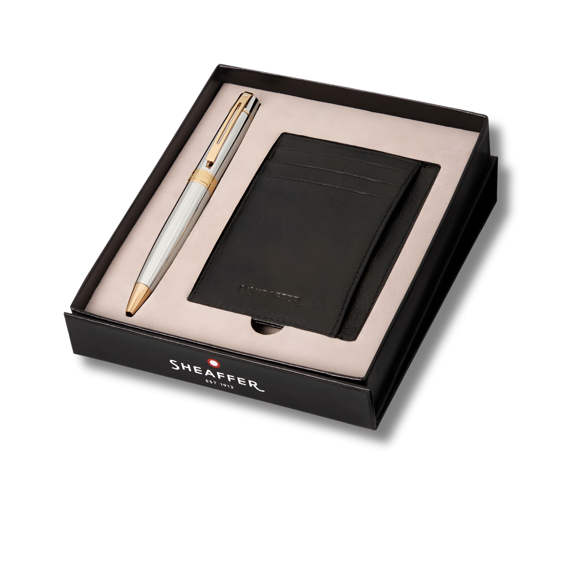 Sheaffer Gift Set ft. Bright Chrome 300 Ballpoint Pen with Gold Trims and Credit Card Holder