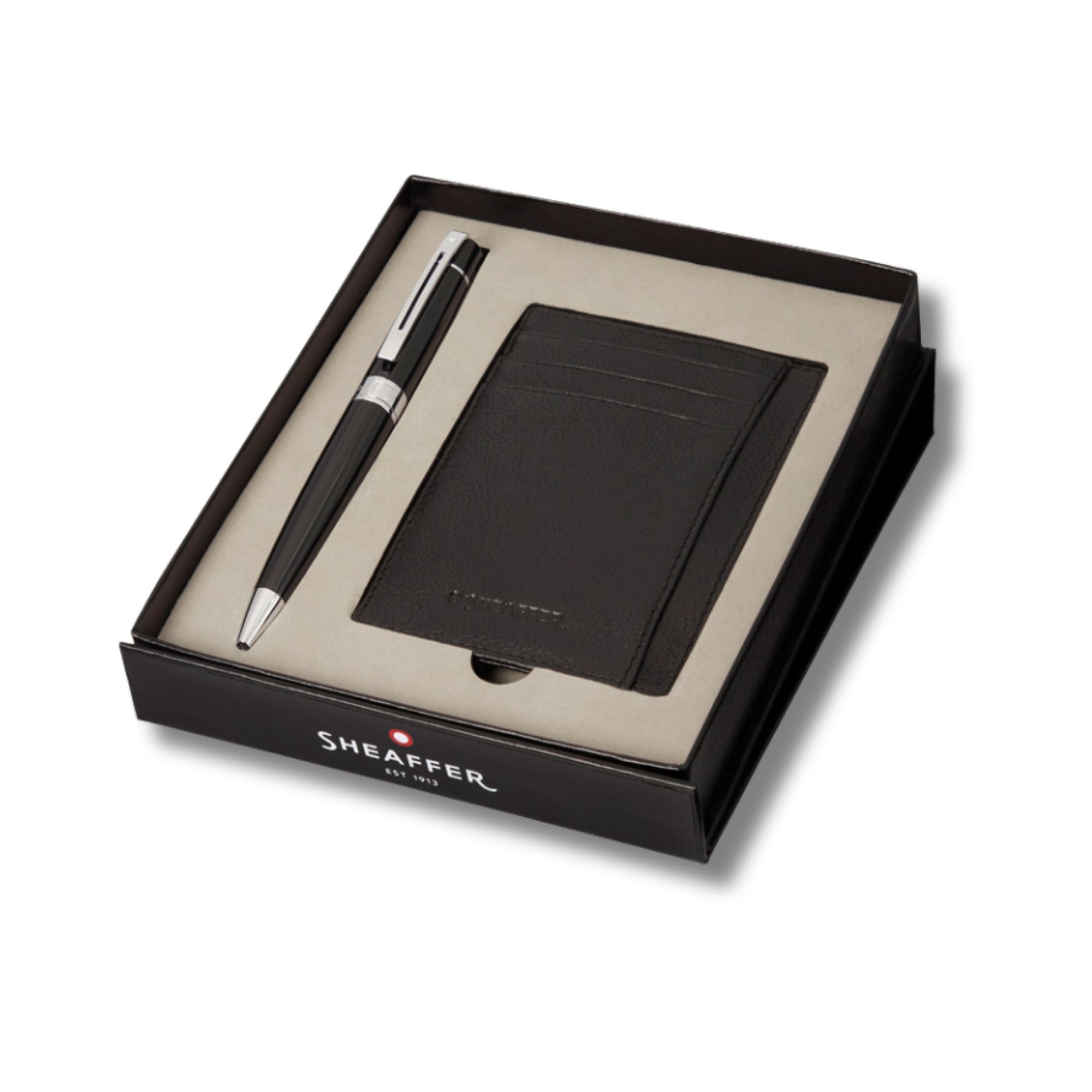 Sheaffer Glossy Black 300 Ballpoint Pen with chrome Trim and Credit Card Holder