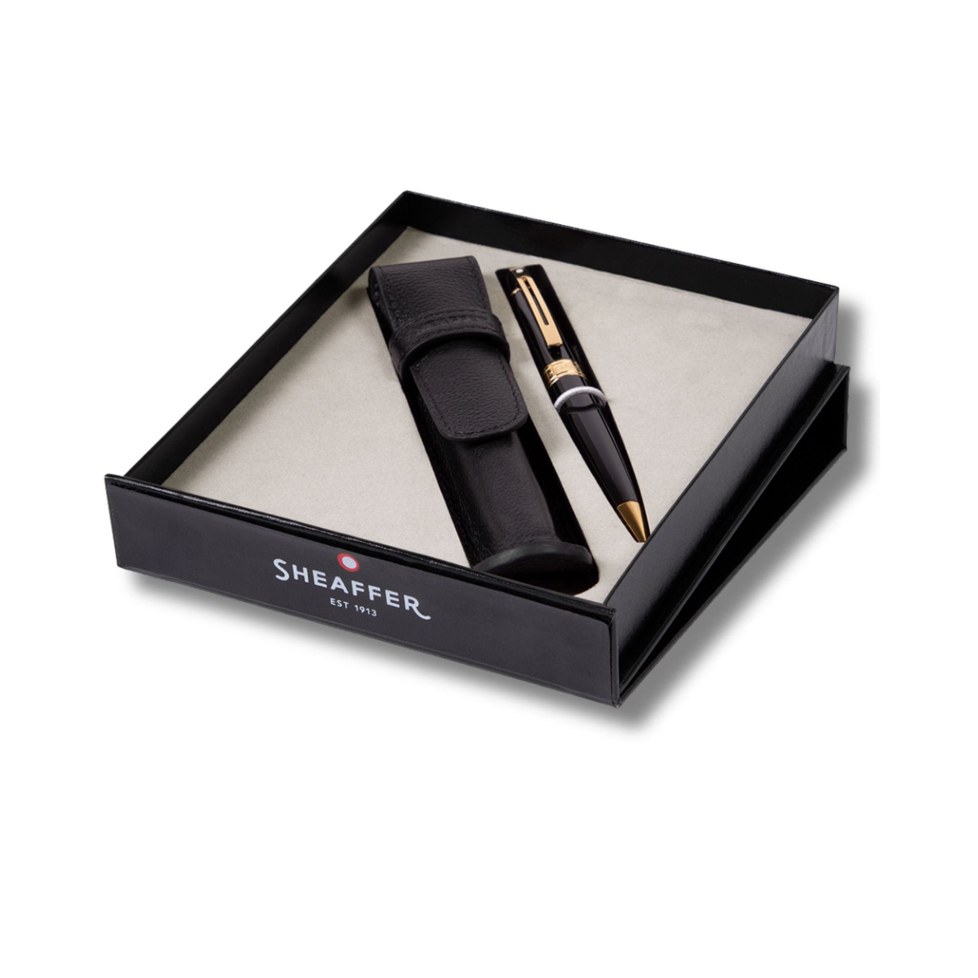 Sheaffer Gift Set Glossy Black 300 Ballpoint Pen With Gold Trim And Pen Pouch