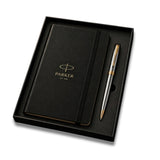 Parker Fusion Shiny Chrome Gold Trim Ballpoint Pen with A5 Black Large Notebook