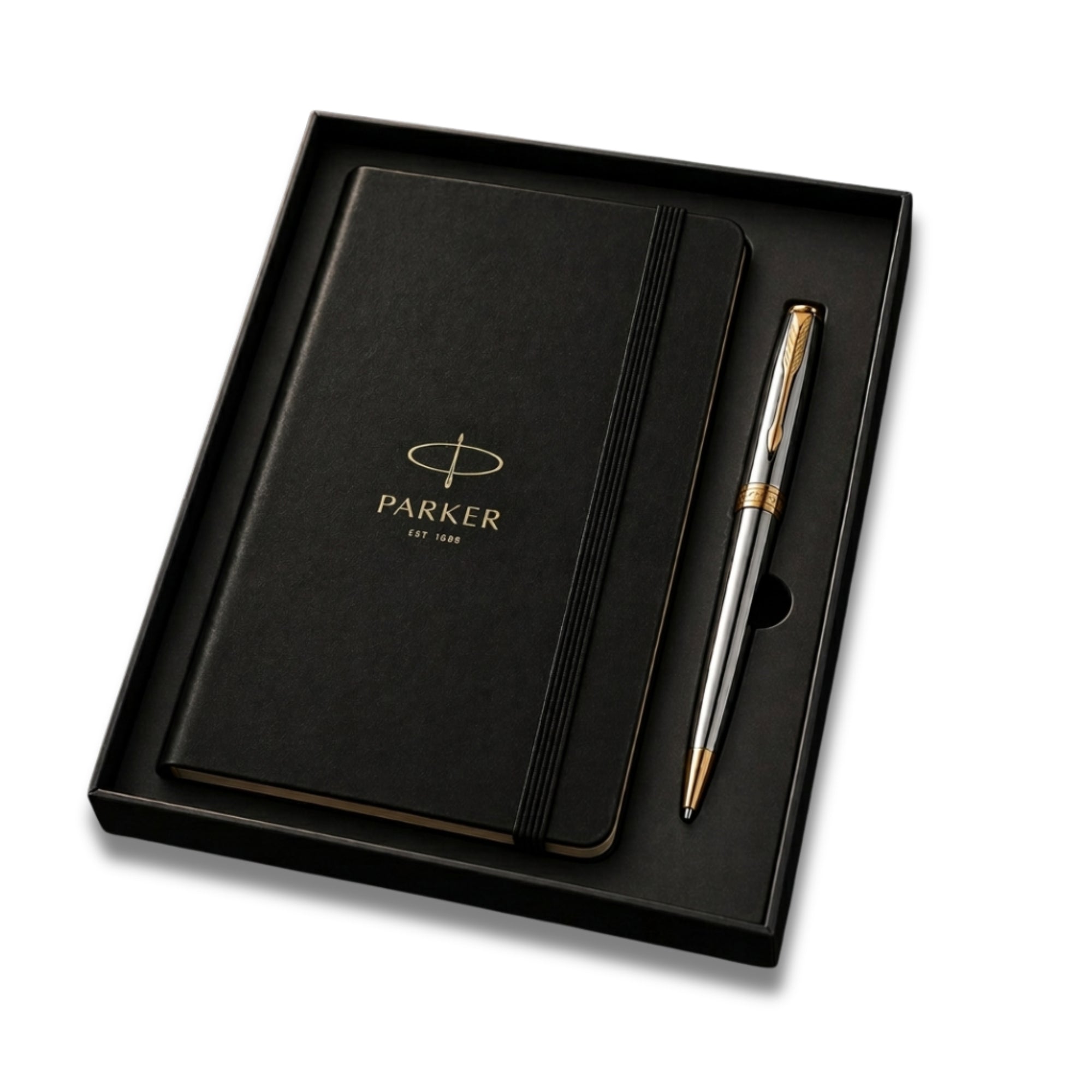 Parker Fusion Shiny Chrome Gold Trim Ballpoint Pen with A5 Black Large Notebook