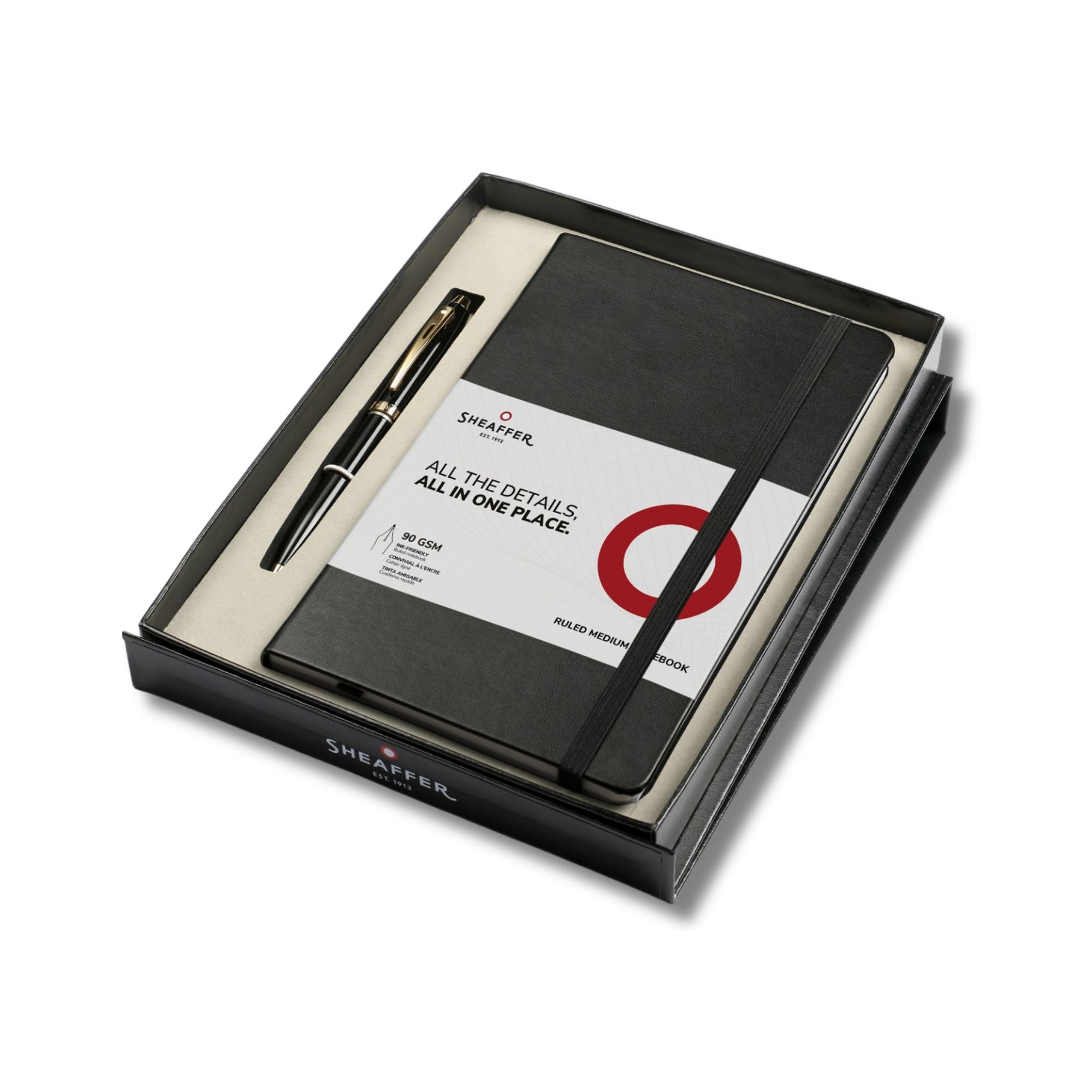 Sheaffer Gift Set ft. Glossy Black 100 9322 Ballpoint Pen with Gold Tone Trim and Medium Notebook