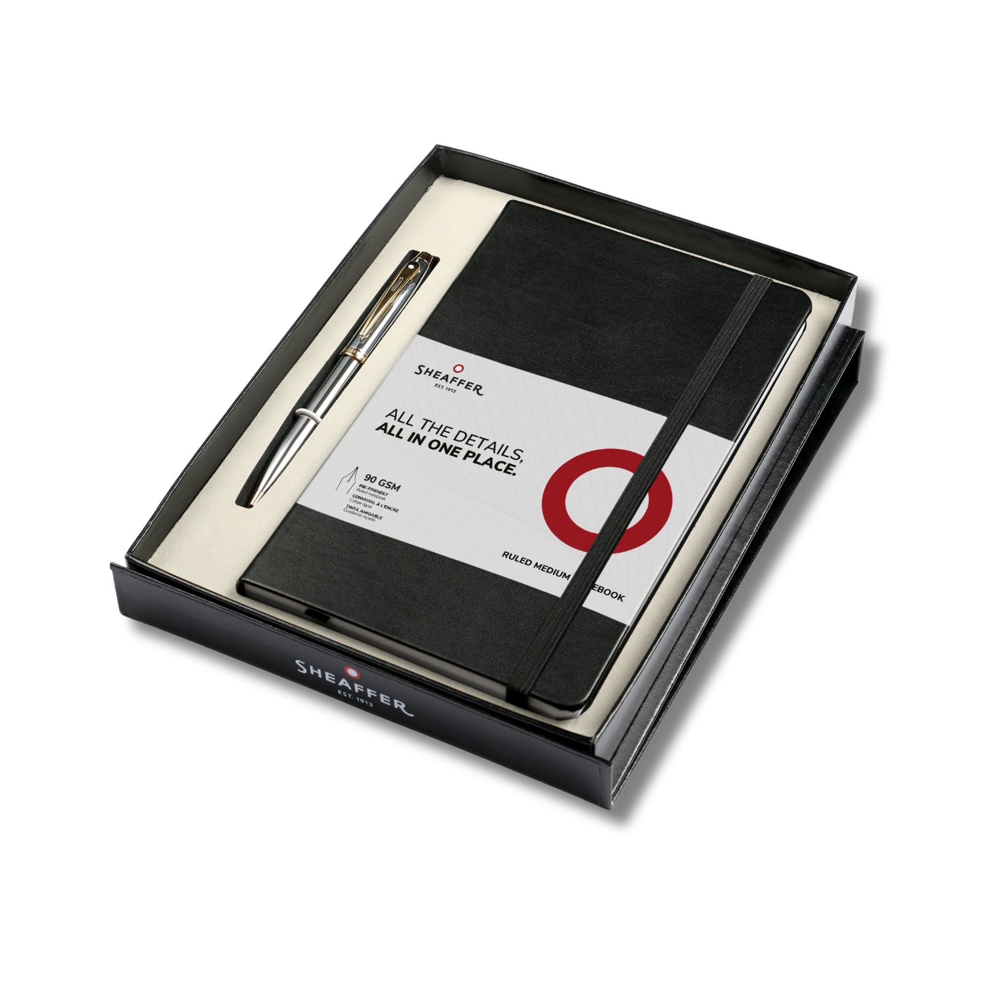 Sheaffer Gift Set ft. Bright Chrome 100 9340 Ballpoint Pen with Gold Tone Trim and Medium Notebook