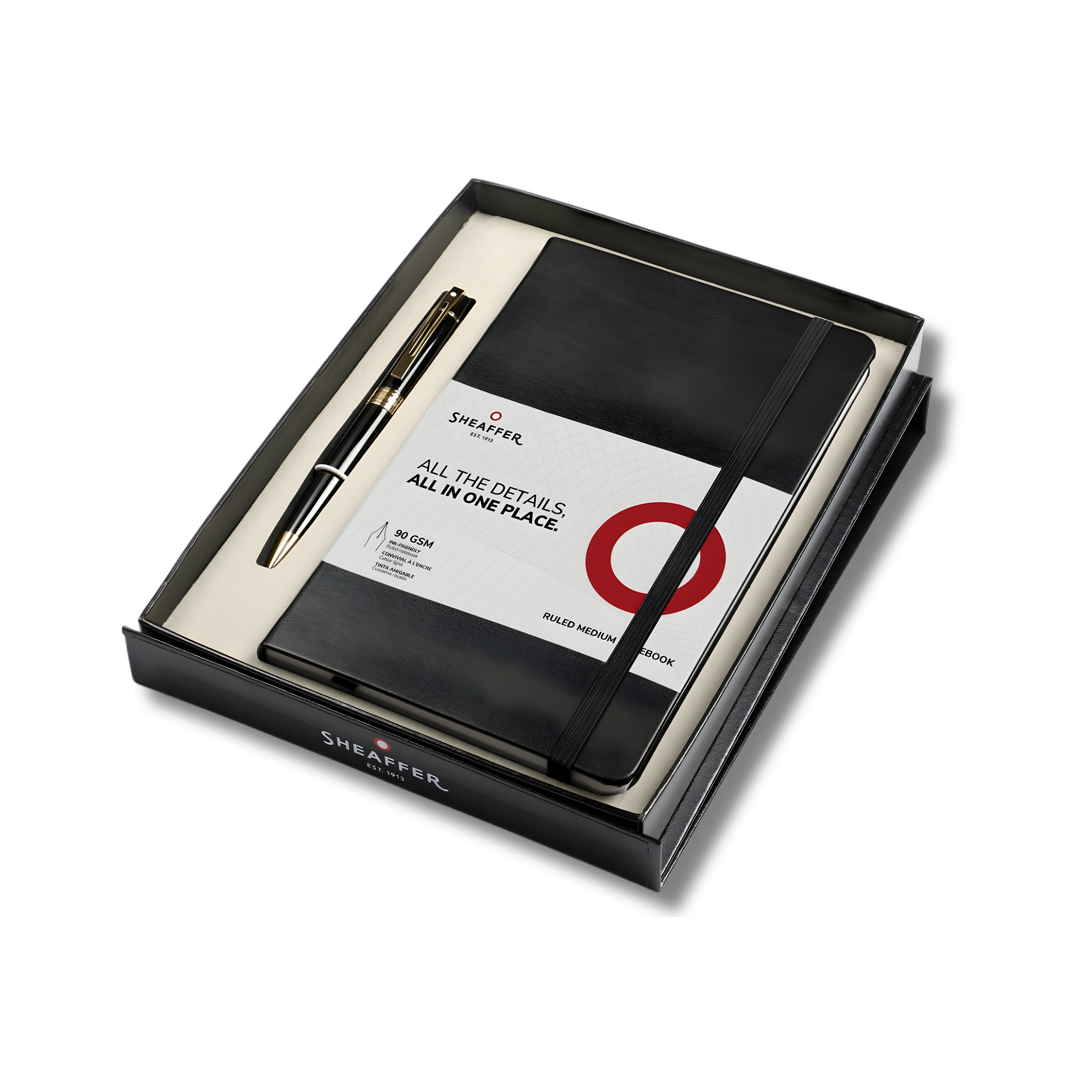 Sheaffer Gift Set ft. Glossy Black 100 9325 Ballpoint Pen with Gold Trim and Medium Notebook