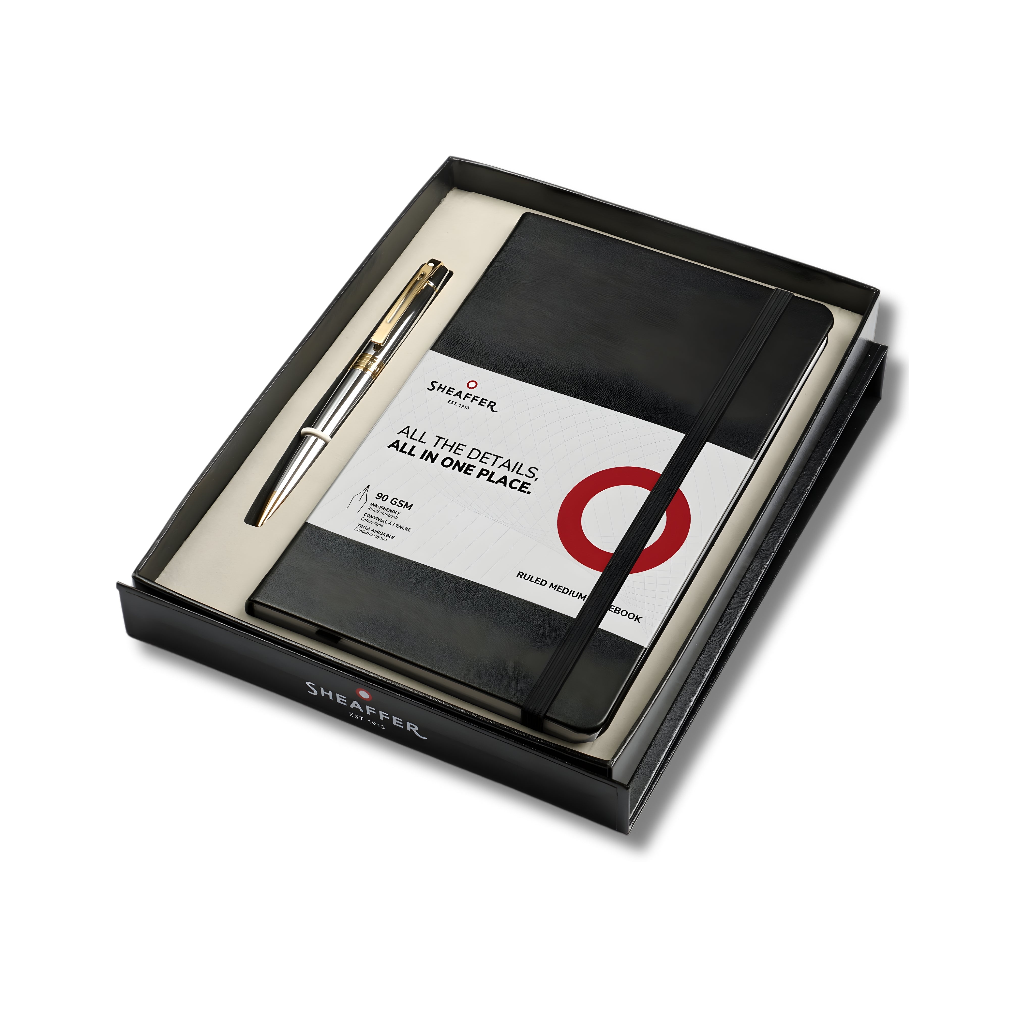 Sheaffer Gift Set ft. Bright Chrome 300 9342 Ballpoint Pen with Gold Tone Trim and Medium Notebook