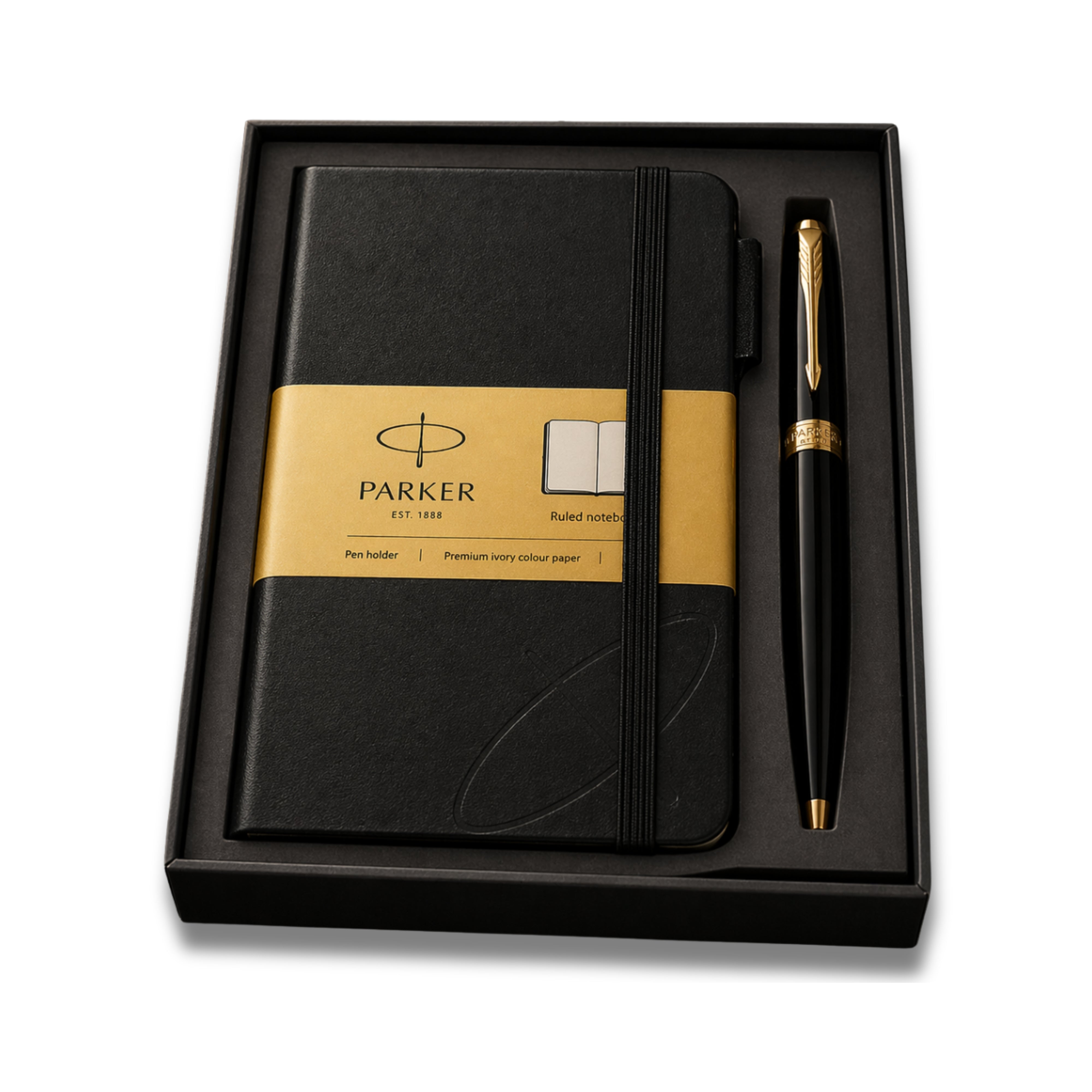 Parker Fusion Lacque Black Gold Trim Ballpoint Pen with A6 Black Small Notebook