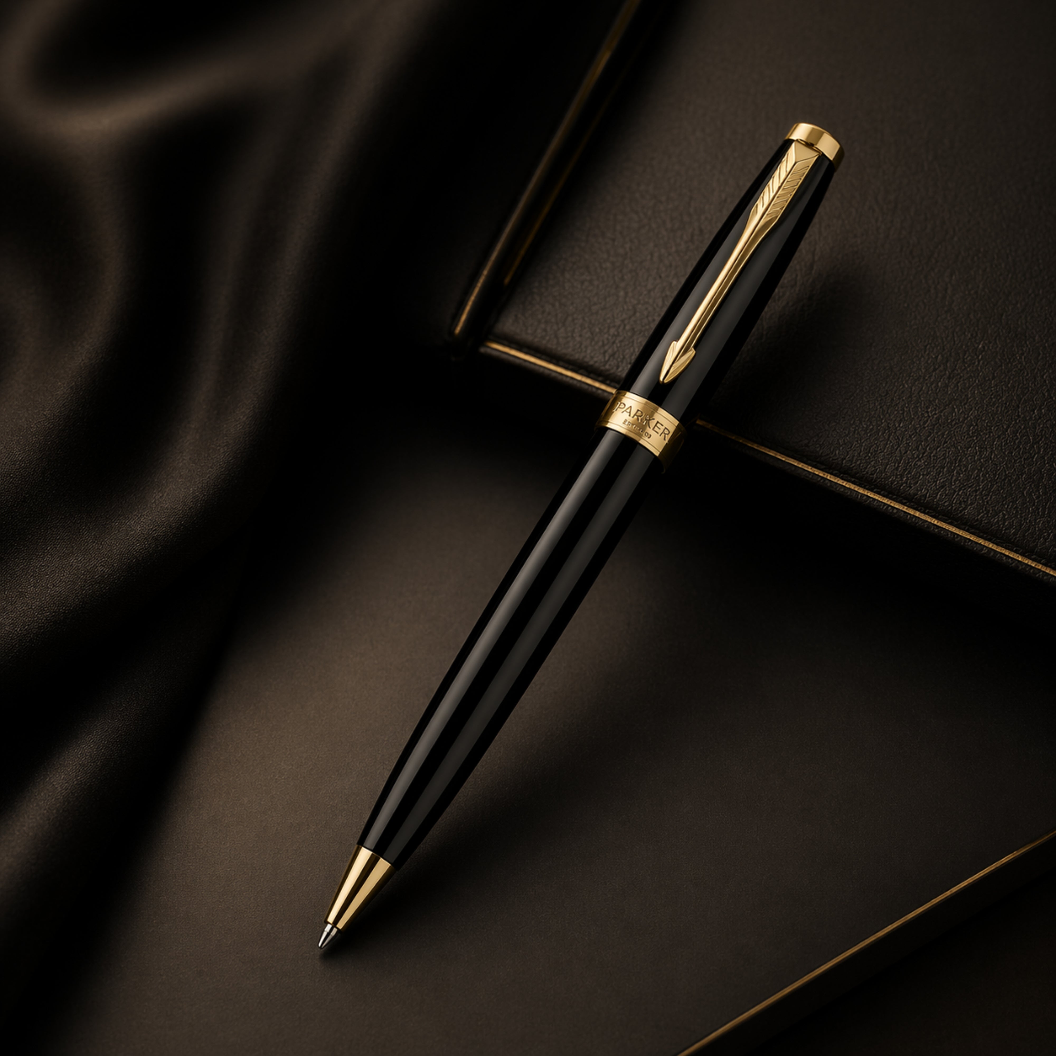 Parker Fusion Lacque Black Gold Trim Ballpoint Pen with A6 Black Small Notebook