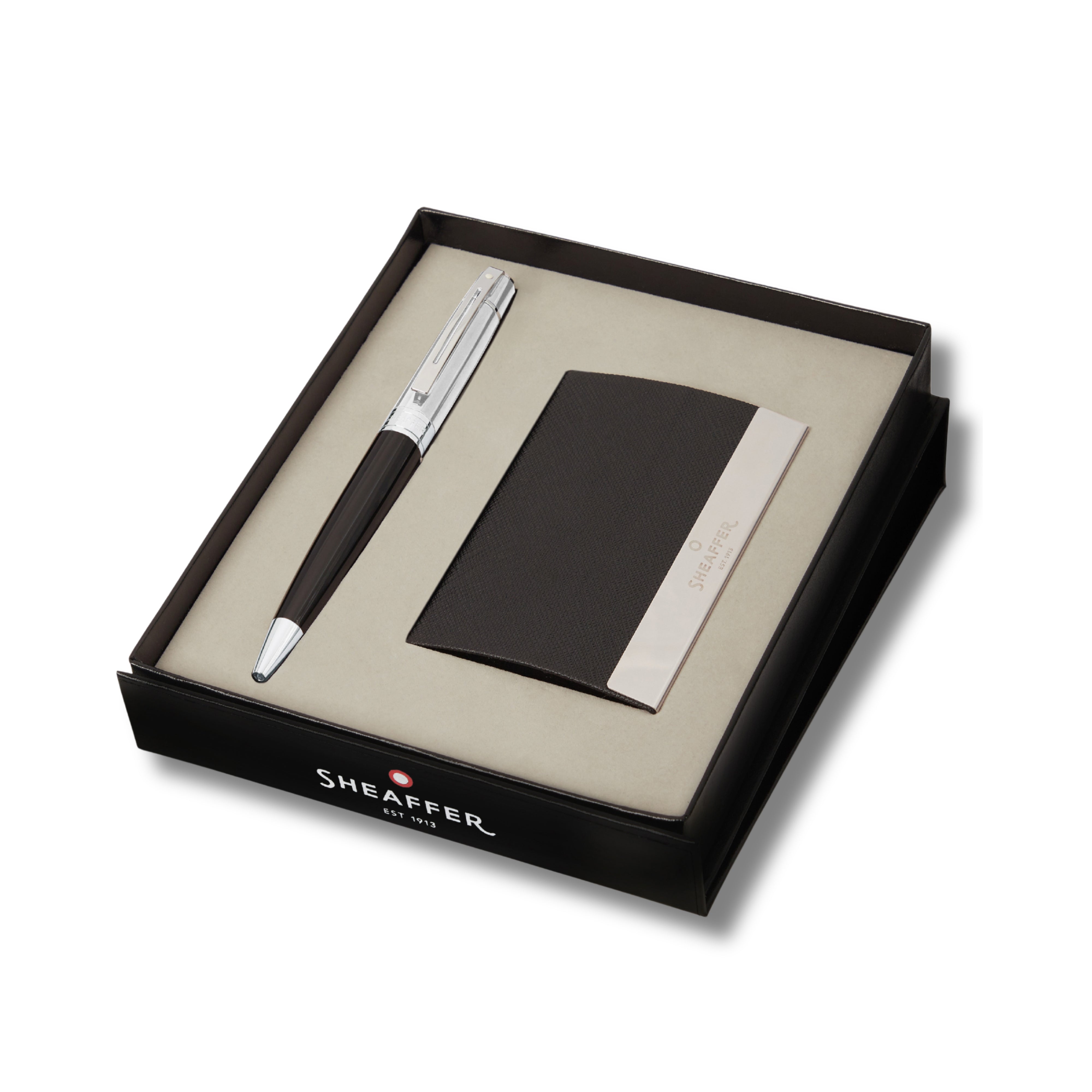 Sheaffer Gift Set ft. Glossy Black 300 Ballpoint Pen with Chrome Trims and Business Card Holder