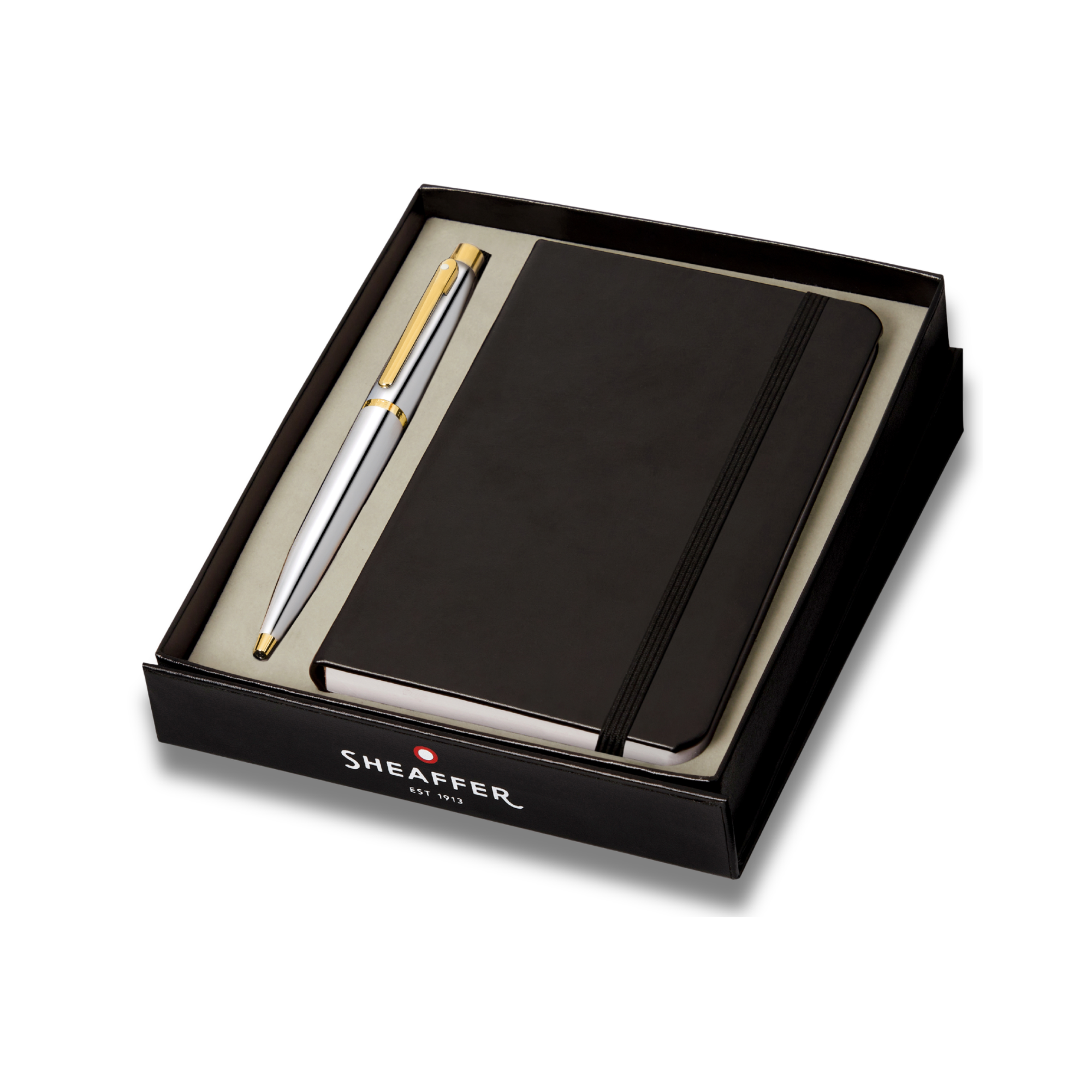Sheaffer Bright Chrome VFM Ballpoint Pen with Gold Trim and Sheaffer Small Notebook