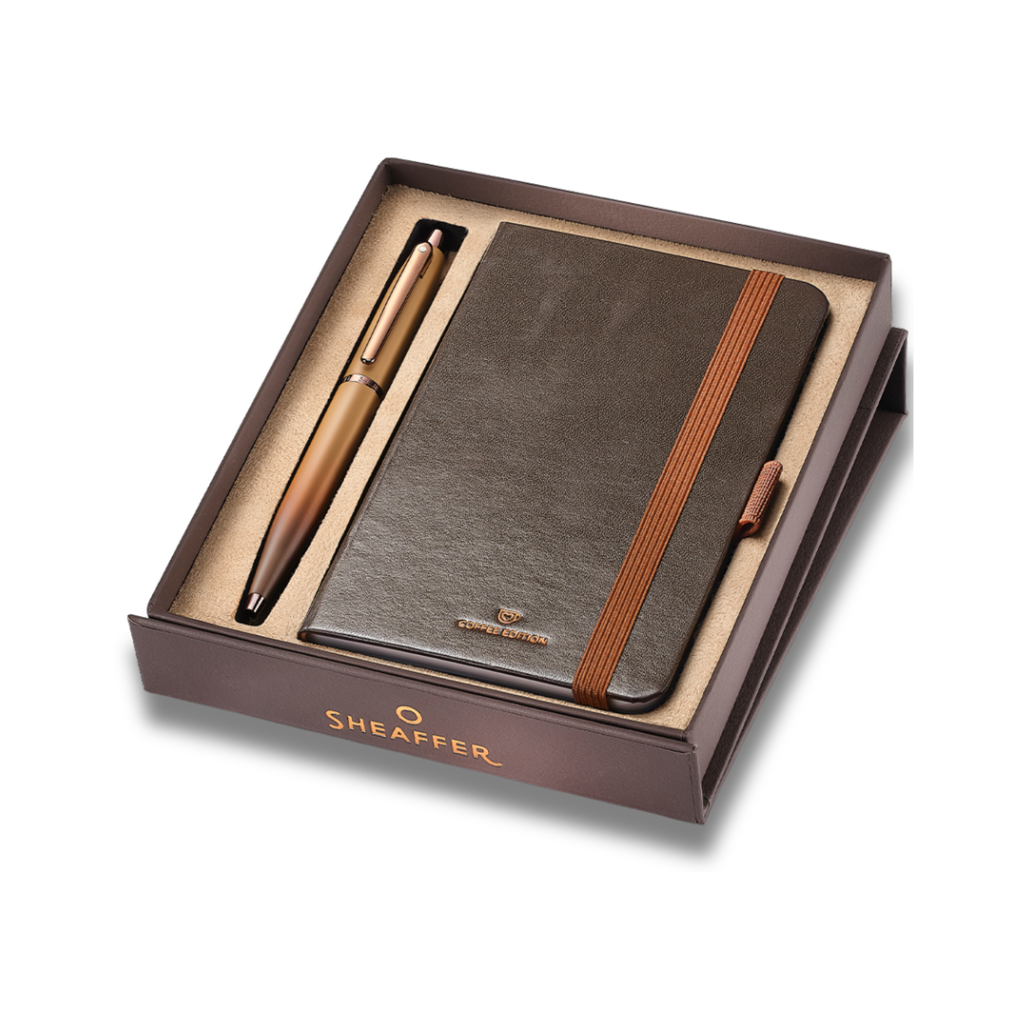 Sheaffer VFM Gift Set 9428 Coffee Edition Ballpoint Pen with Regal Brown PVD Trims and Small Notebook - Matt Brown