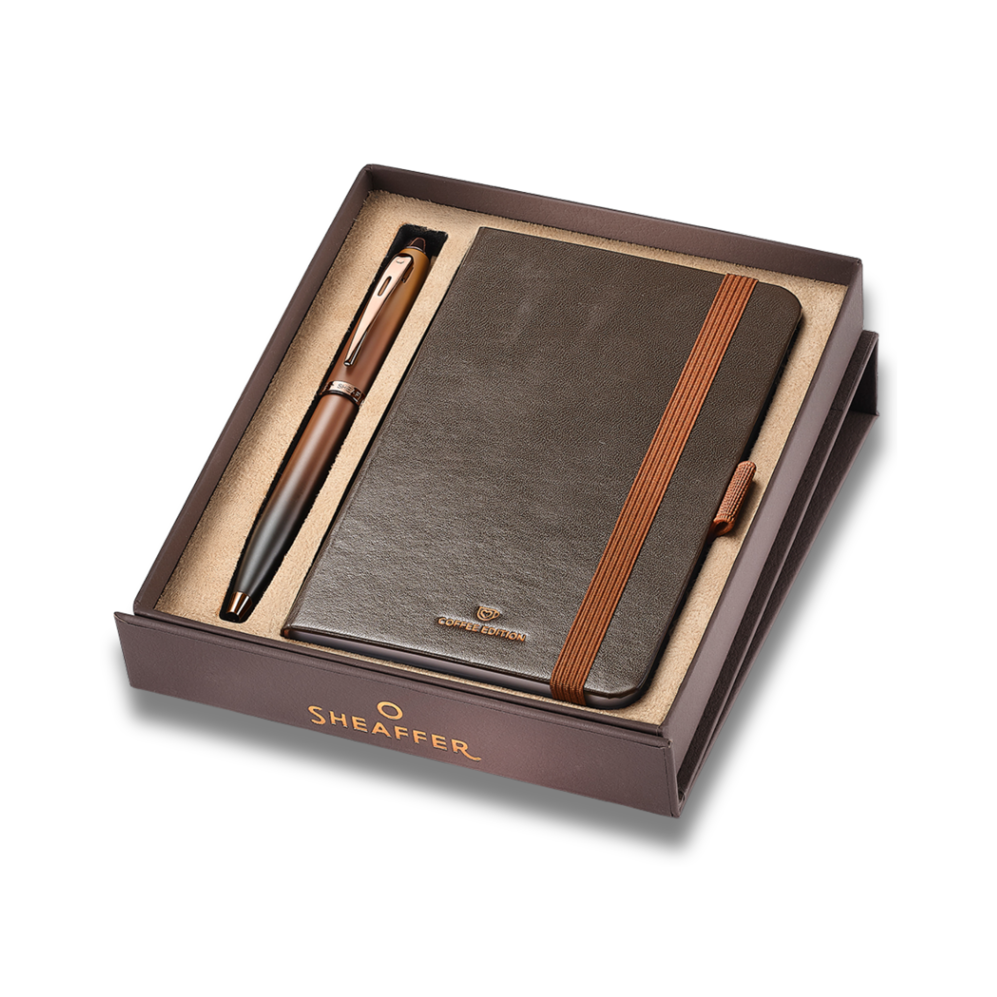 Sheaffer 100 Gift Set 9374 Coffee Edition Ballpoint Pen with Regal Brown PVD Trims and Small Notebook - Matt Brown