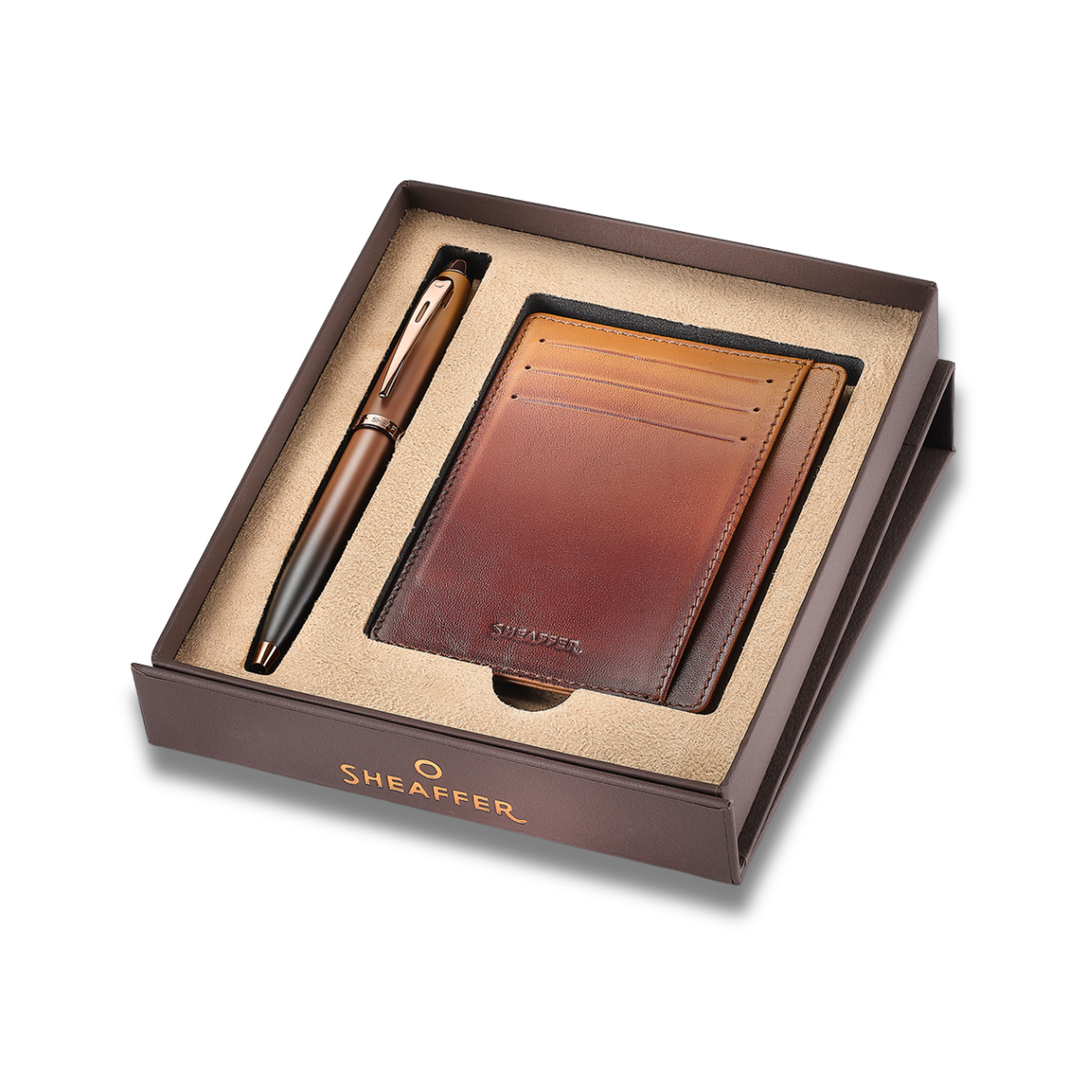 Sheaffer Gift Set 100 9374 Coffee Edition Ballpoint Pen with Regal Brown PVD Trims and Credit Card Holder - Matt Brown