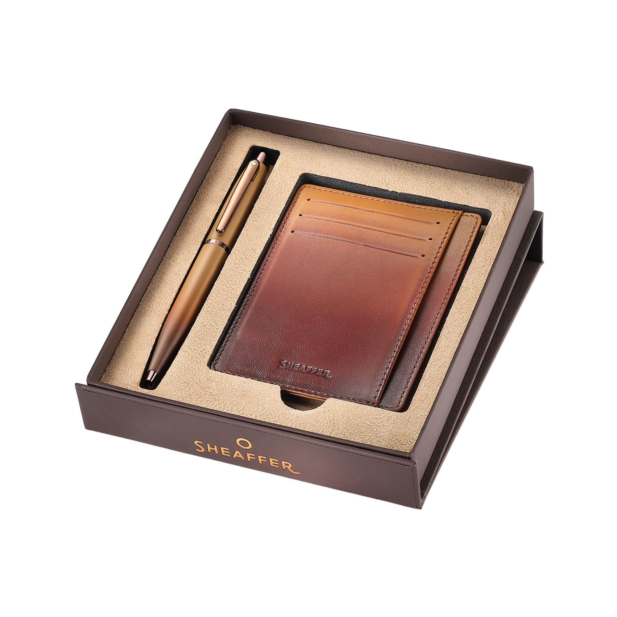Sheaffer Gift Set VFM 9428 Coffee Edition Ballpoint Pen with Regal Brown PVD Trims and Credit Card Holder - Matt Brown