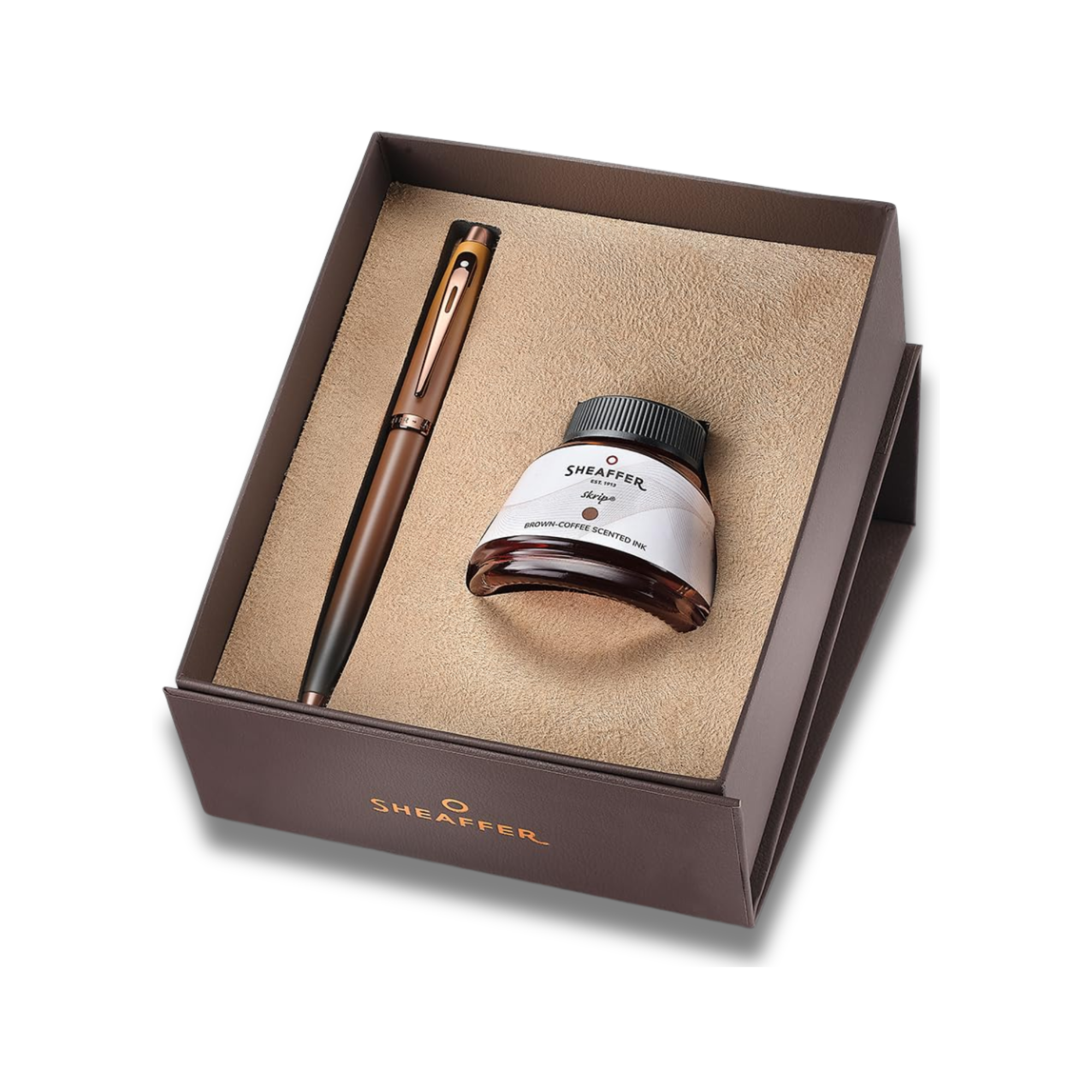 Sheaffer 100 Gift Set 9374 Coffee Edition Fountain Pen (Medium) with Regal Brown PVD Trims and Coffee Scented Skrip Ink