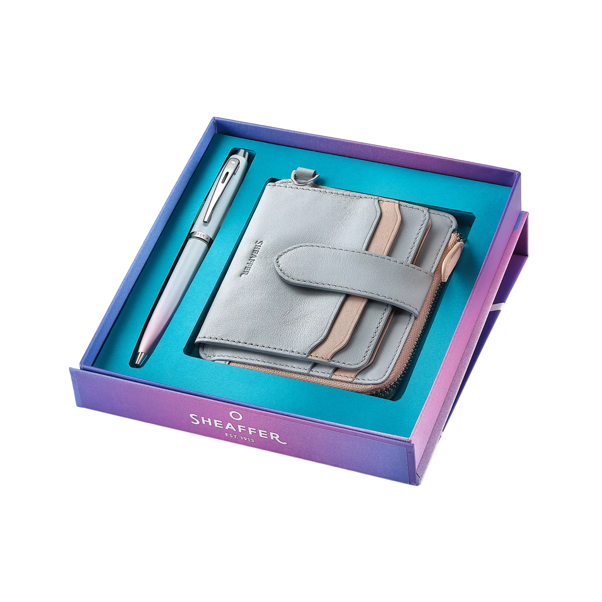Sheaffer Gift Set ft. Expressions 100 9376 Blue and Pink Pearlised Gradient Ballpoint Pen with Chrome-Plated Trims and Genuine Leather Wallet