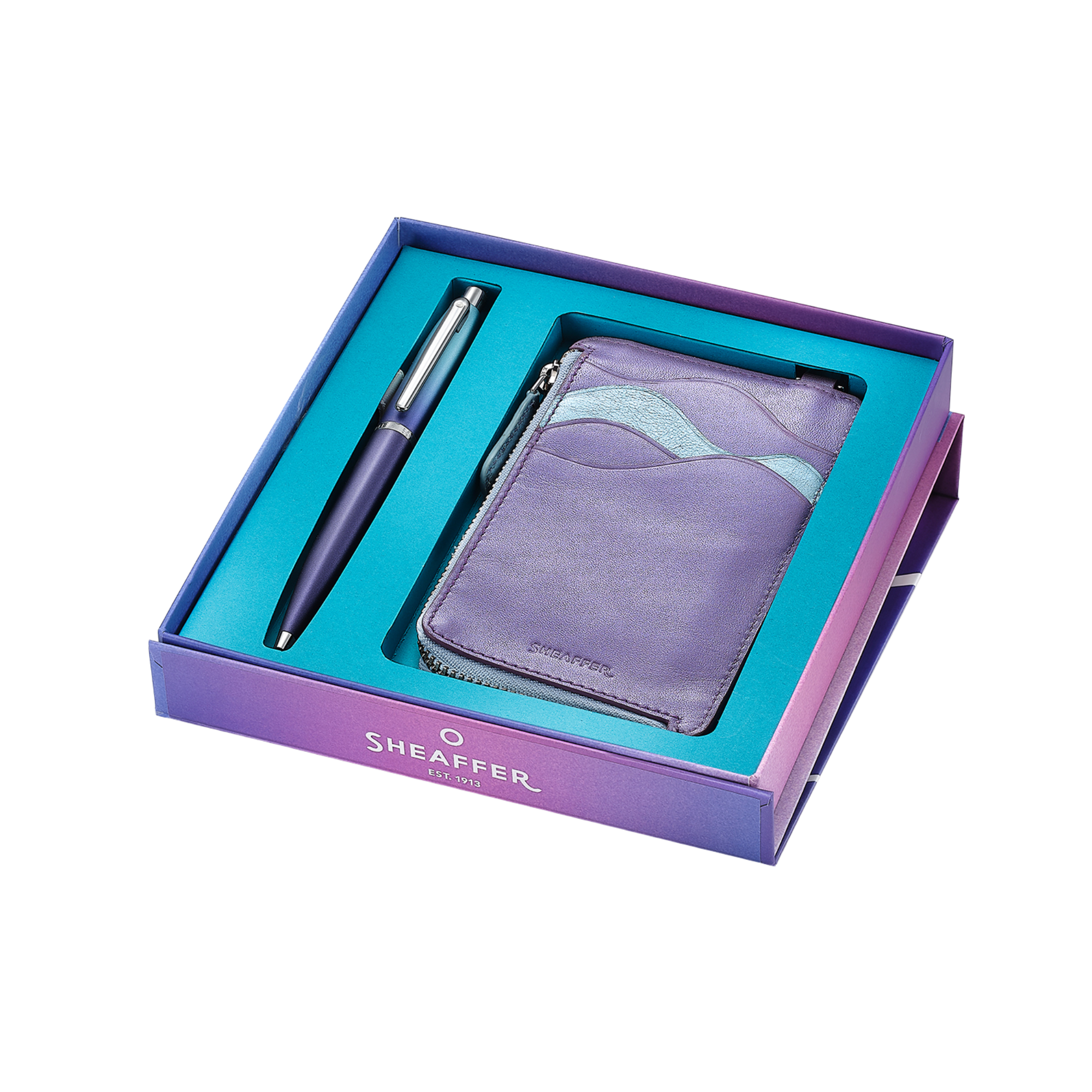 Sheaffer Expressions Gift Set VFM 9430 Blue and Purple Pearlised Gradient Ballpoint Pen with Genuine Leather Card Case