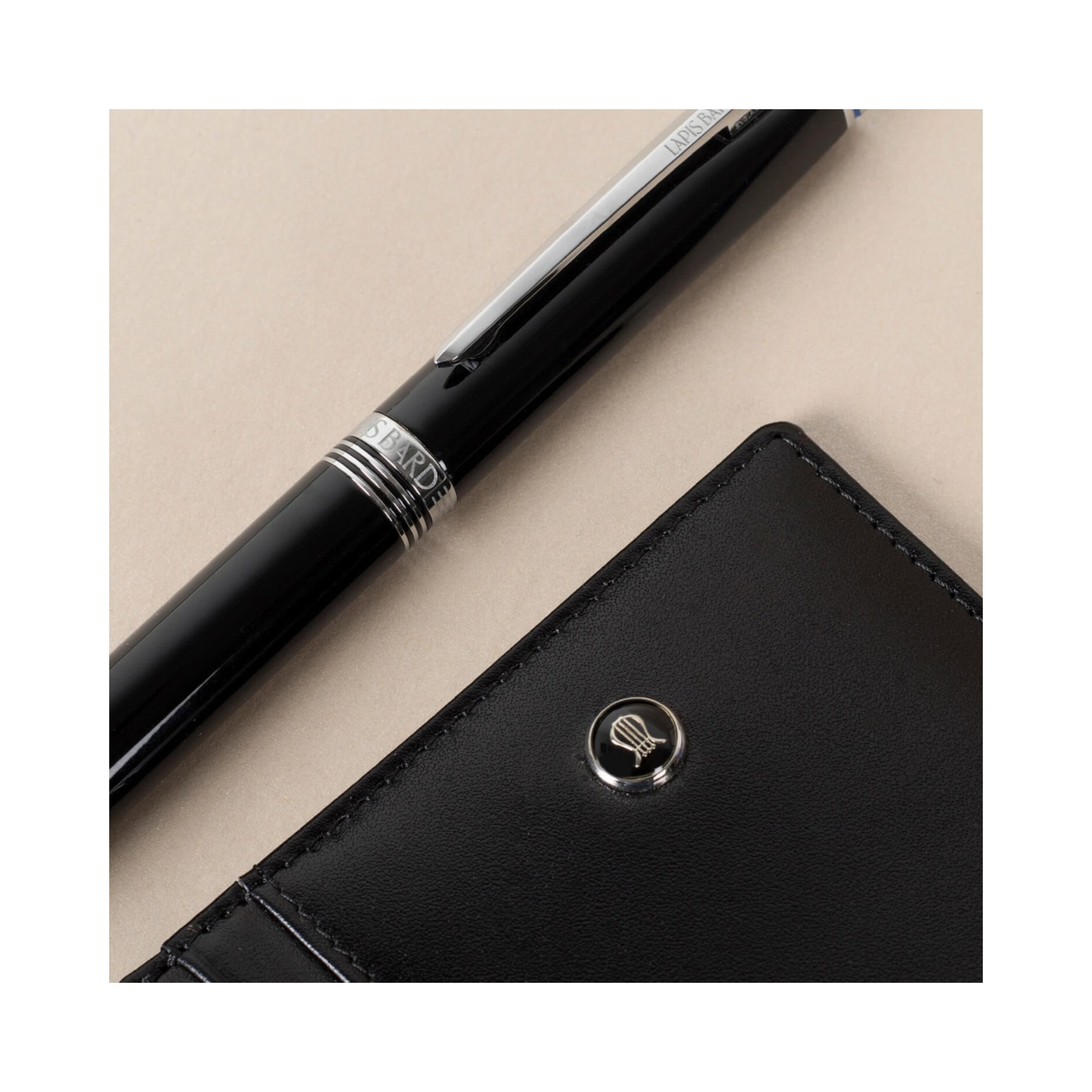 Lapis Bard Black Chrome Ballpoint Pen With Mayfair Credit Card Holder - Gift Set