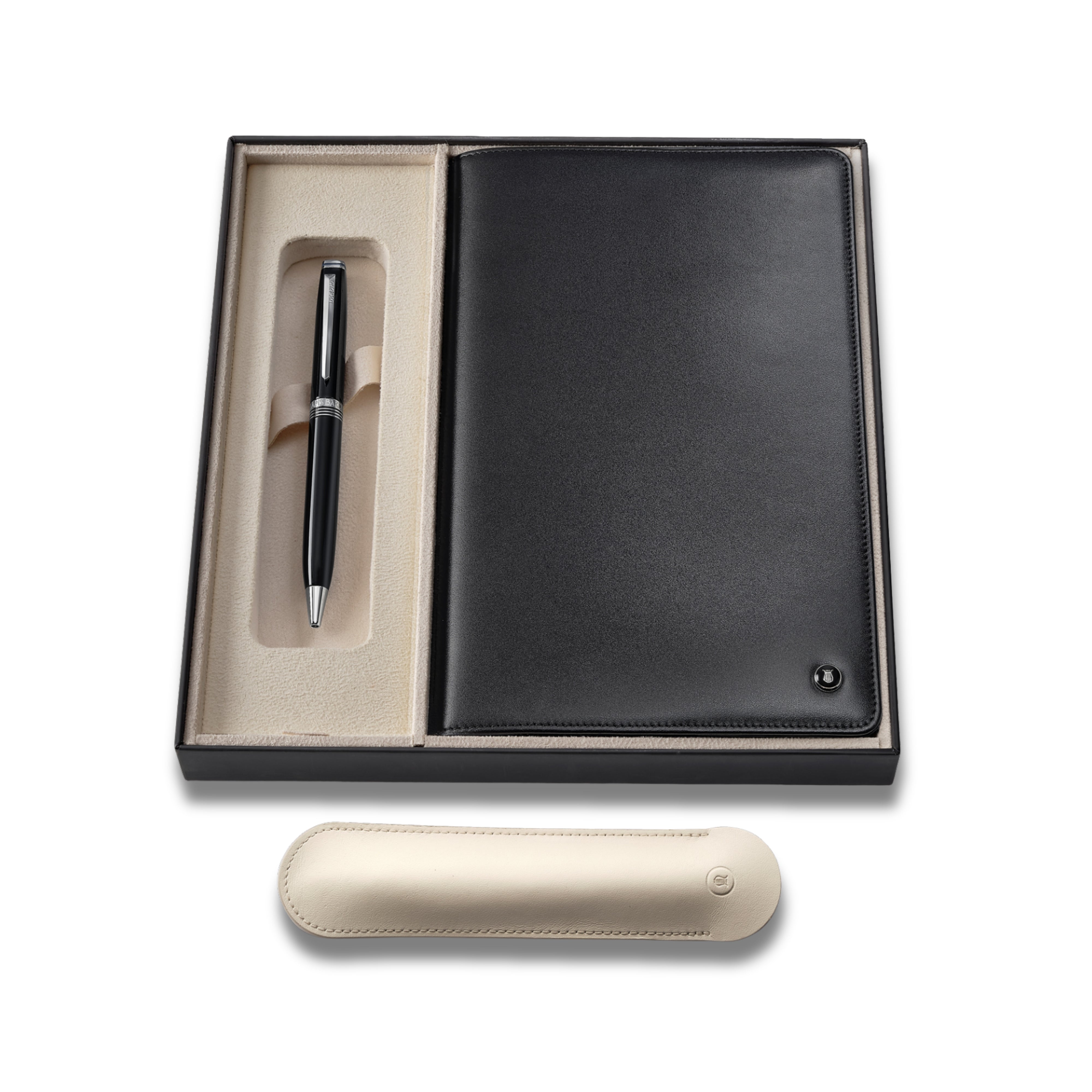 Lapis Bard Gift Set Contemporary Dark Ballpoint Pen and Mayfair Leather Notebook Jacket