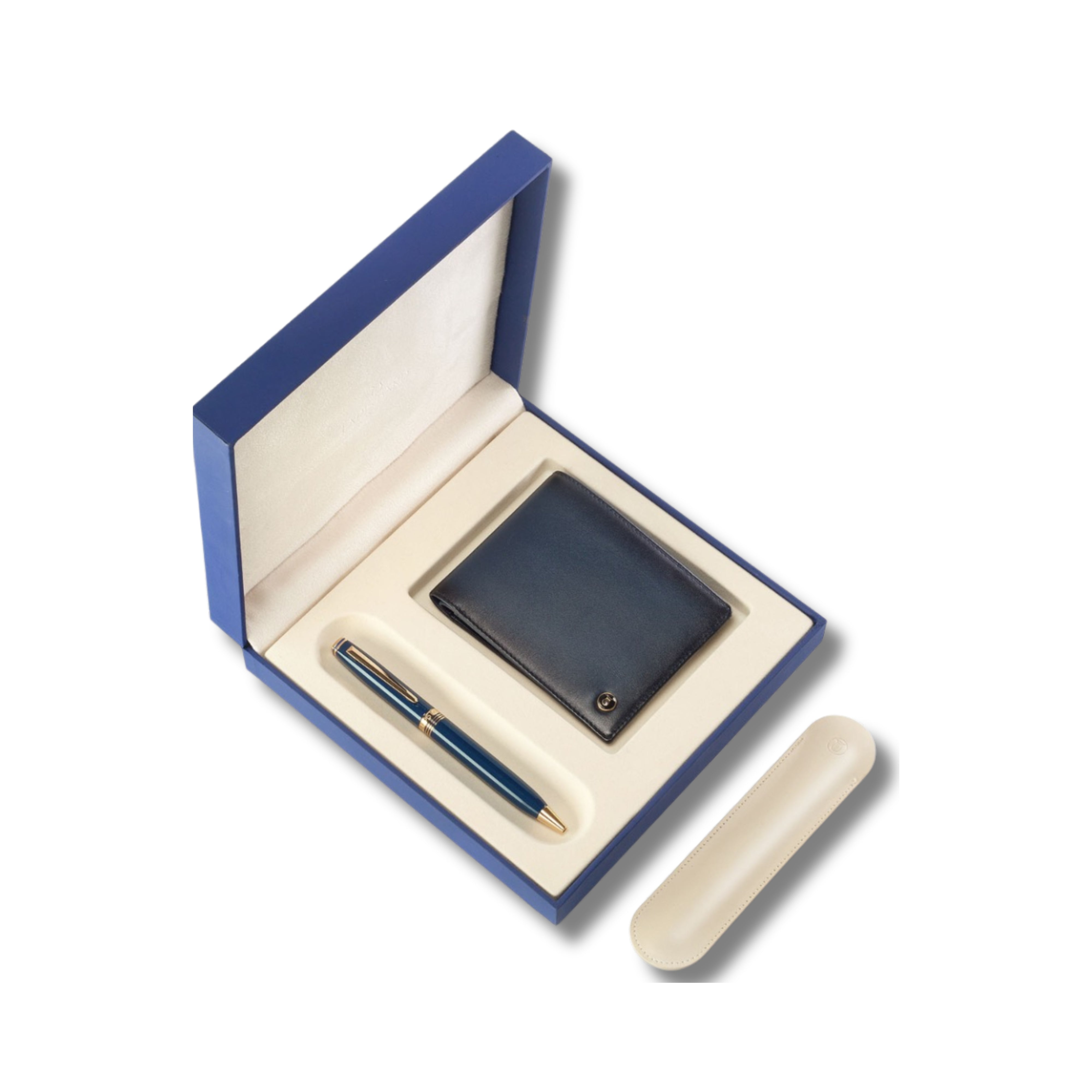 Lapis Bard Gift Set  Contemporary Gold Trims Ballpoint Pen With Ducorium Wallet Blue With Gold Trim