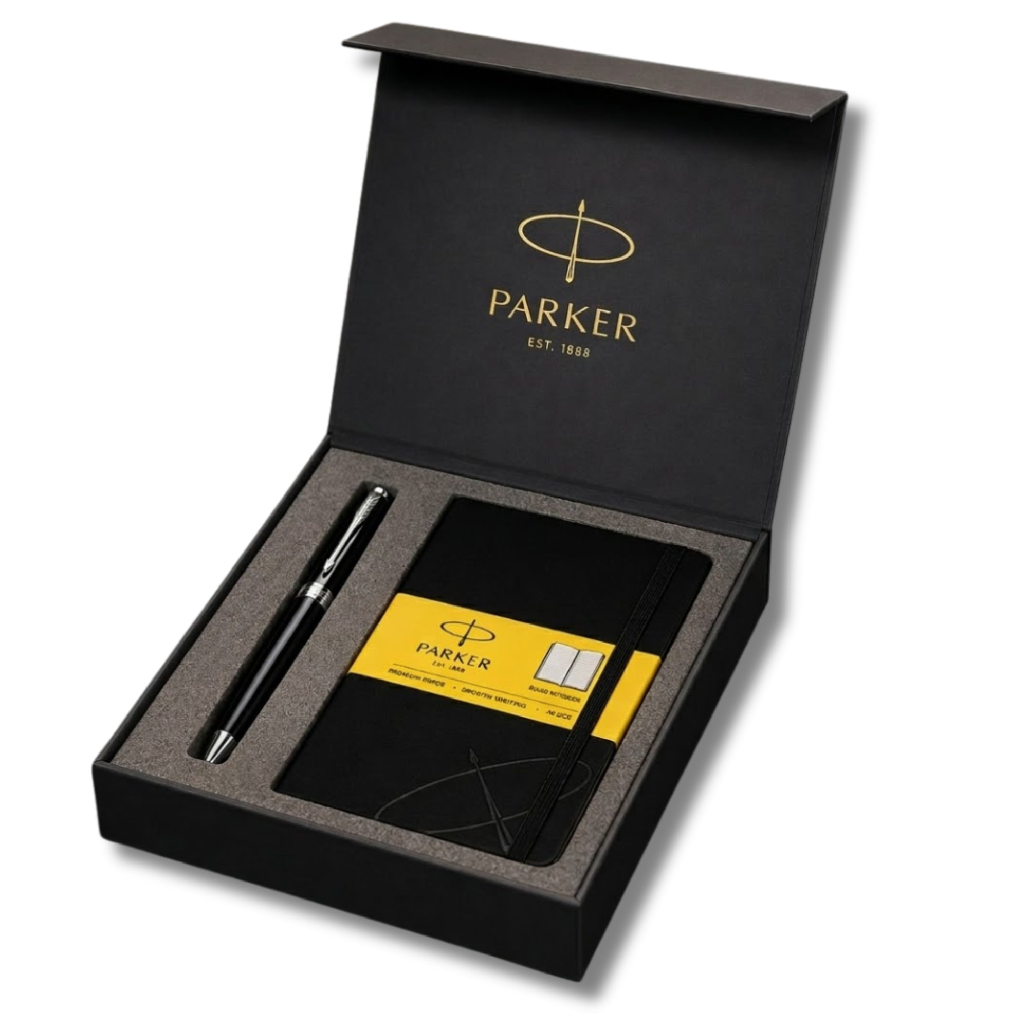 Parker Fusion Lacque Black Chrome Trim Ballpoint Pen with A6 Black Small Notebook