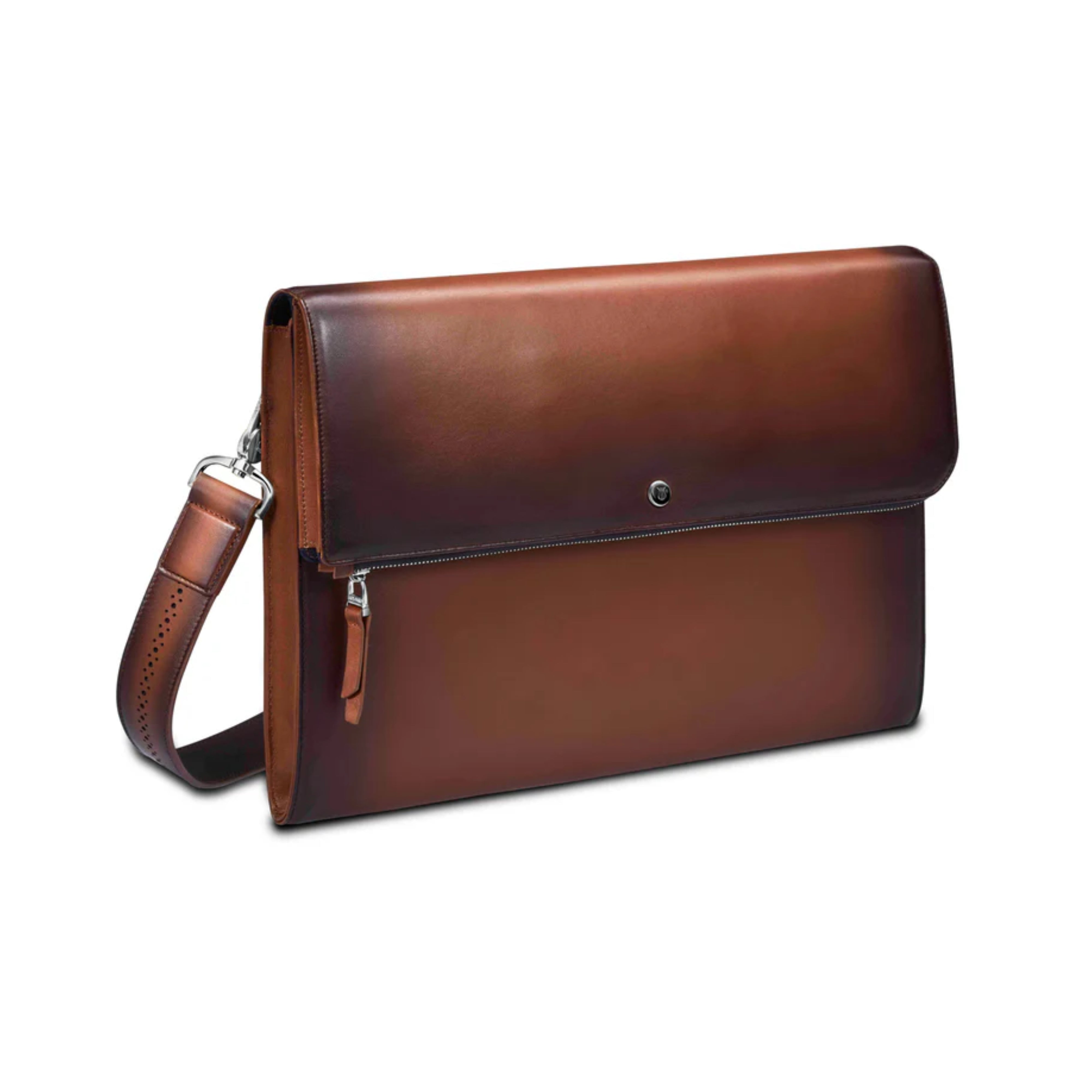 Lapis Bard Ducorium Leather Bexley 13-inch Chrome Trims Laptop Sleeve with Cross-Body Shoulder Strap - Cognac