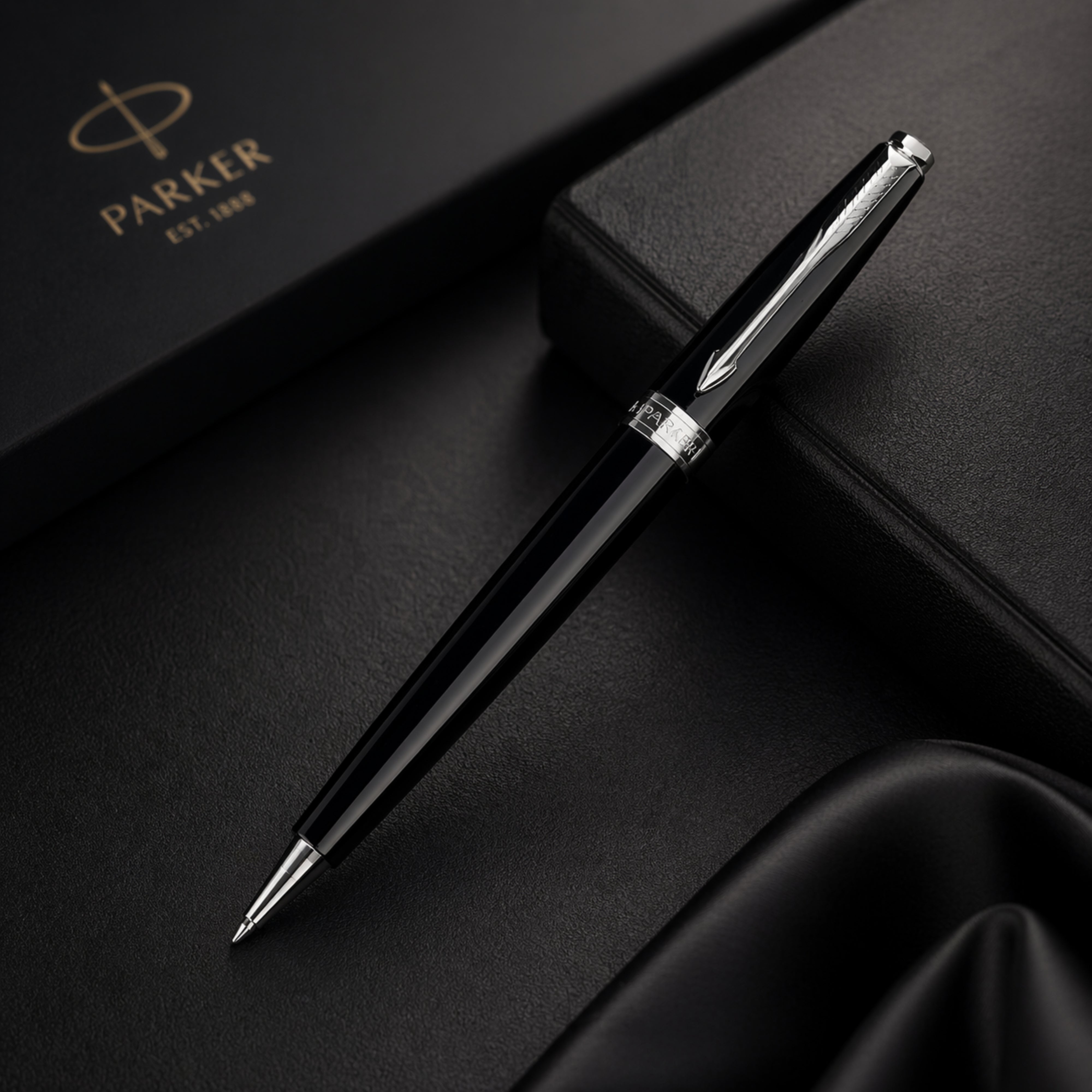 Parker Fusion Lacque Black Chrome Trim Ballpoint Pen with A6 Black Small Notebook