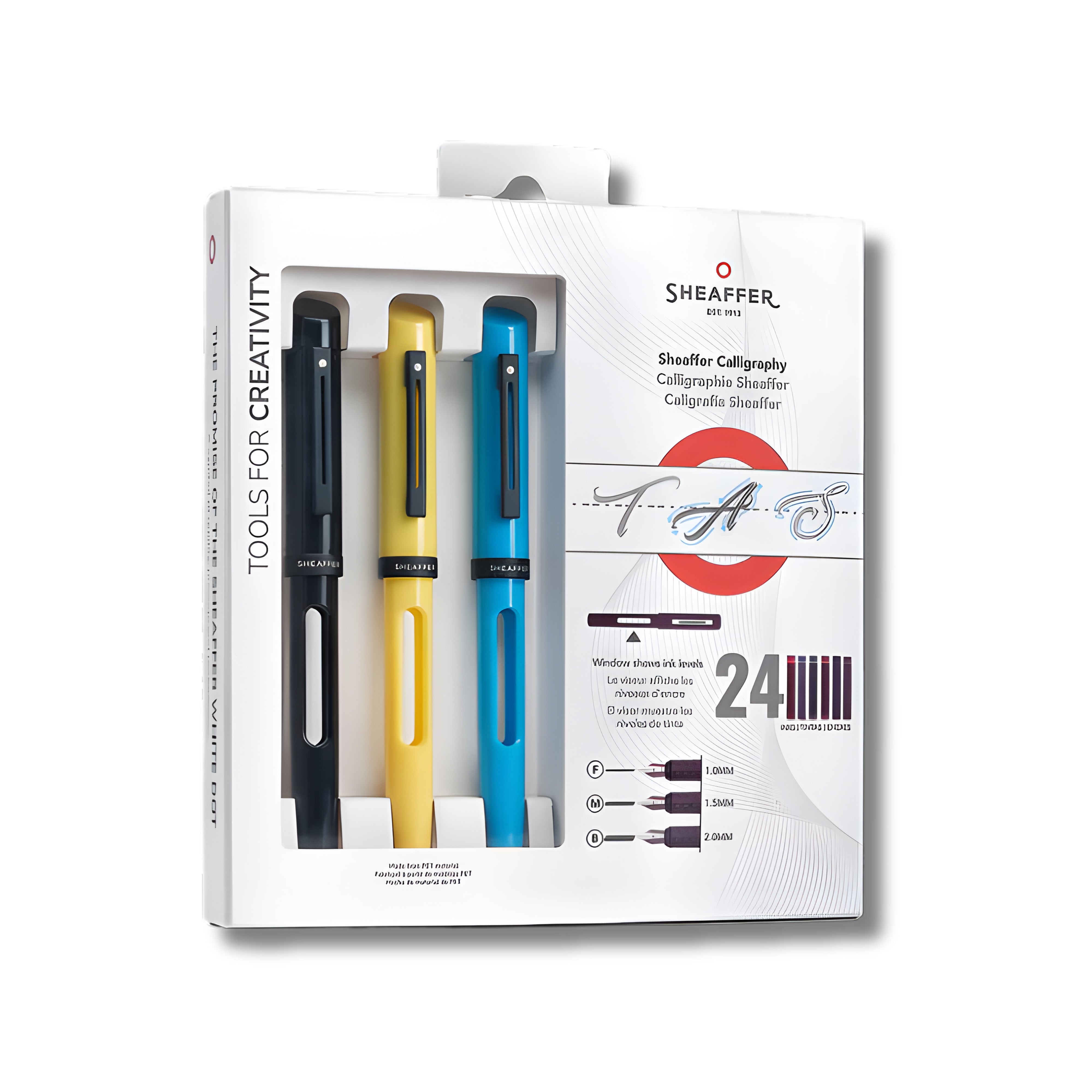 Sheaffer Calligraphy Glossy Black, Blue and Yellow Fountain Pens Maxikit in Hangsell - F, M, B Nibs
