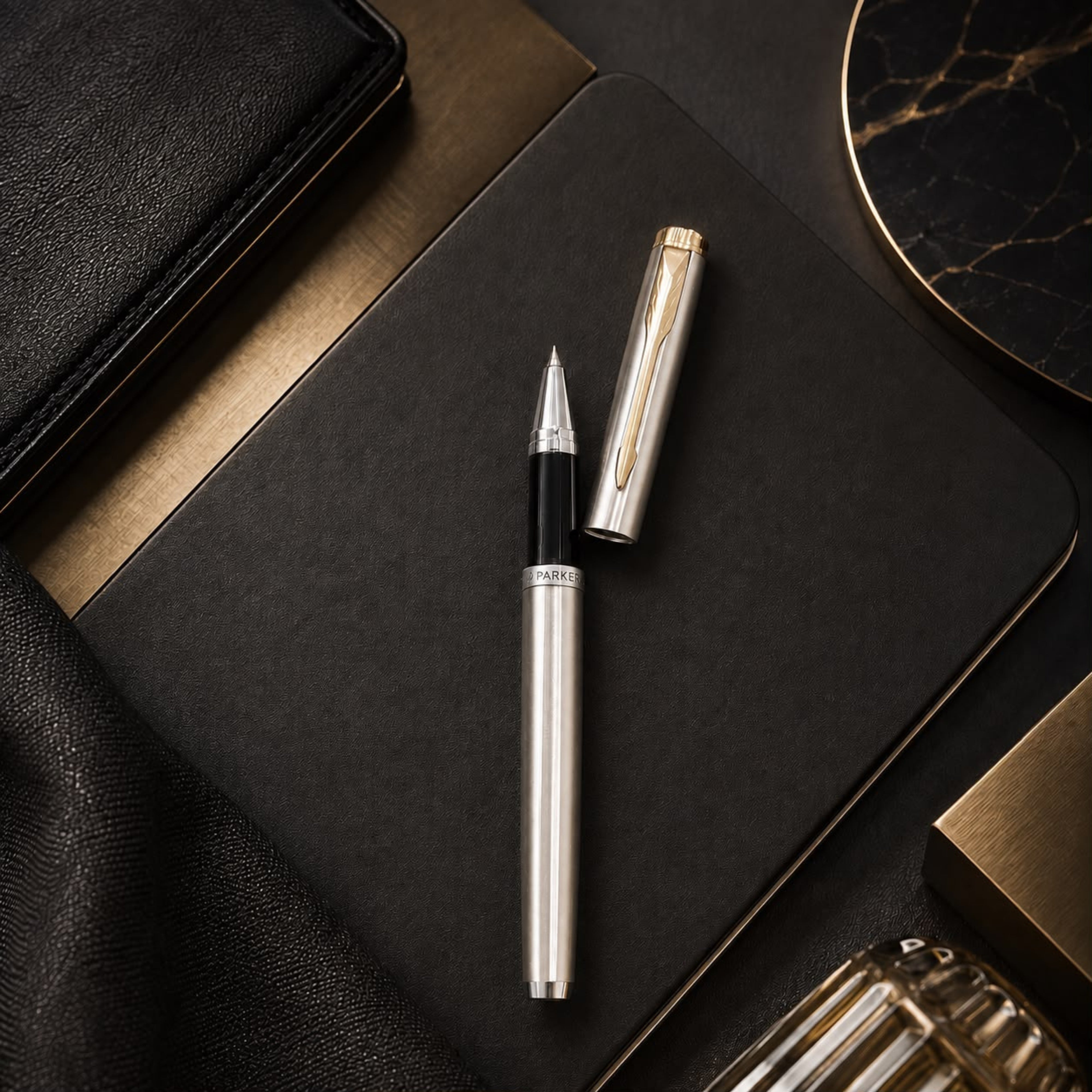 Parker Folio Stainless Steel Gold Trim Rollerball Pen