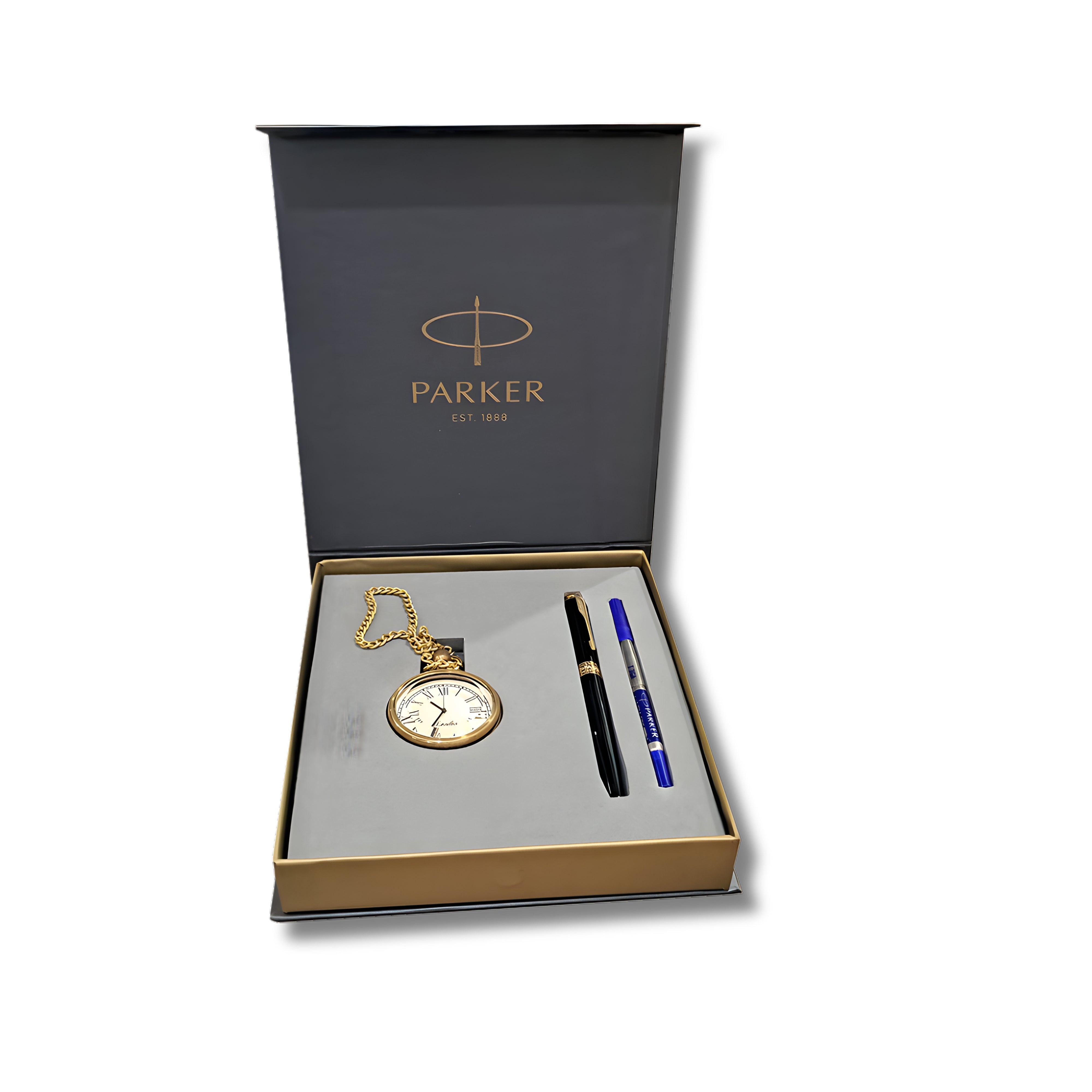Parker Aster Lacque Black GT Rollerball Pen with Pocket Watch