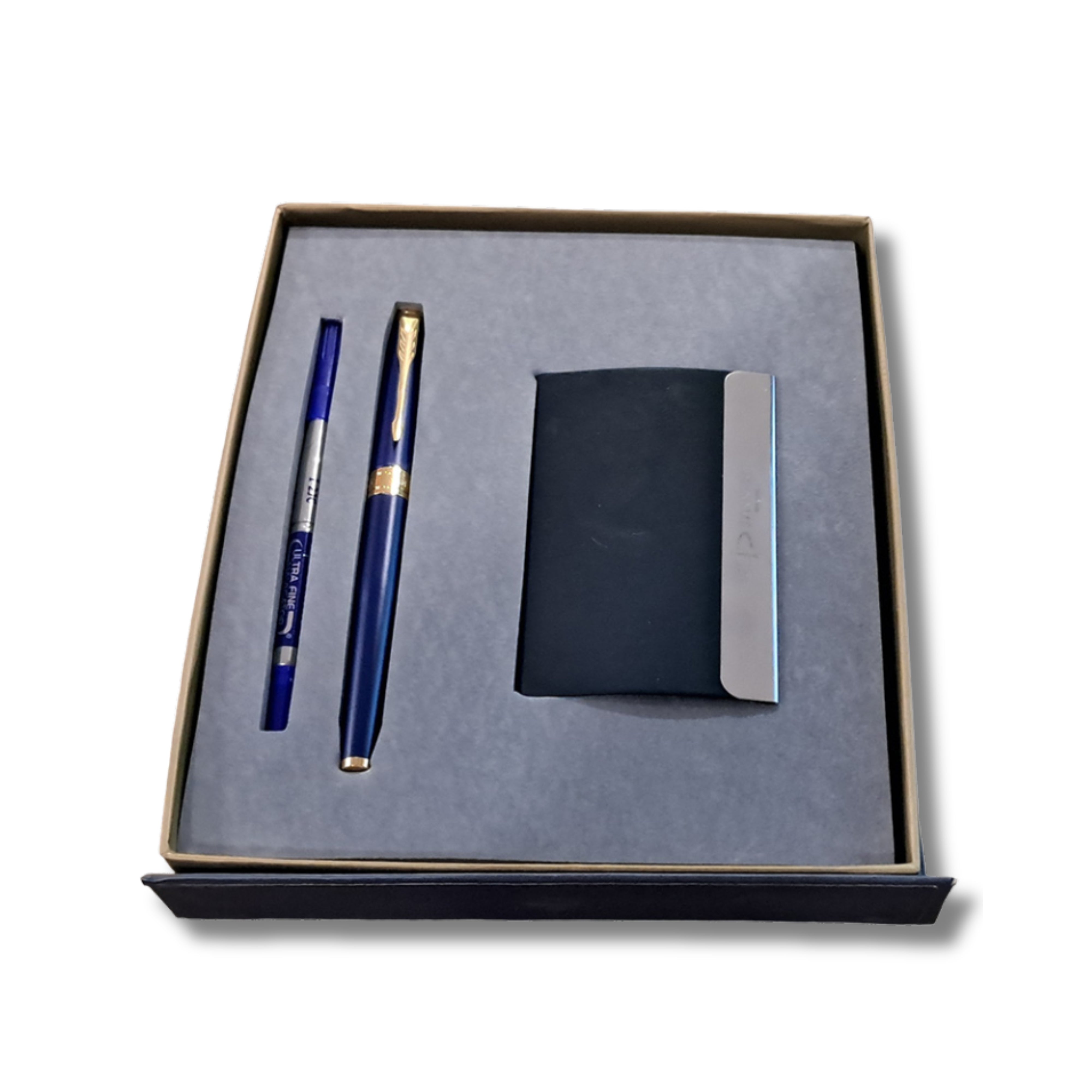 Parker Aster Matte Blue Gold Trim Roller Ball Pen With Visiting Card Holder