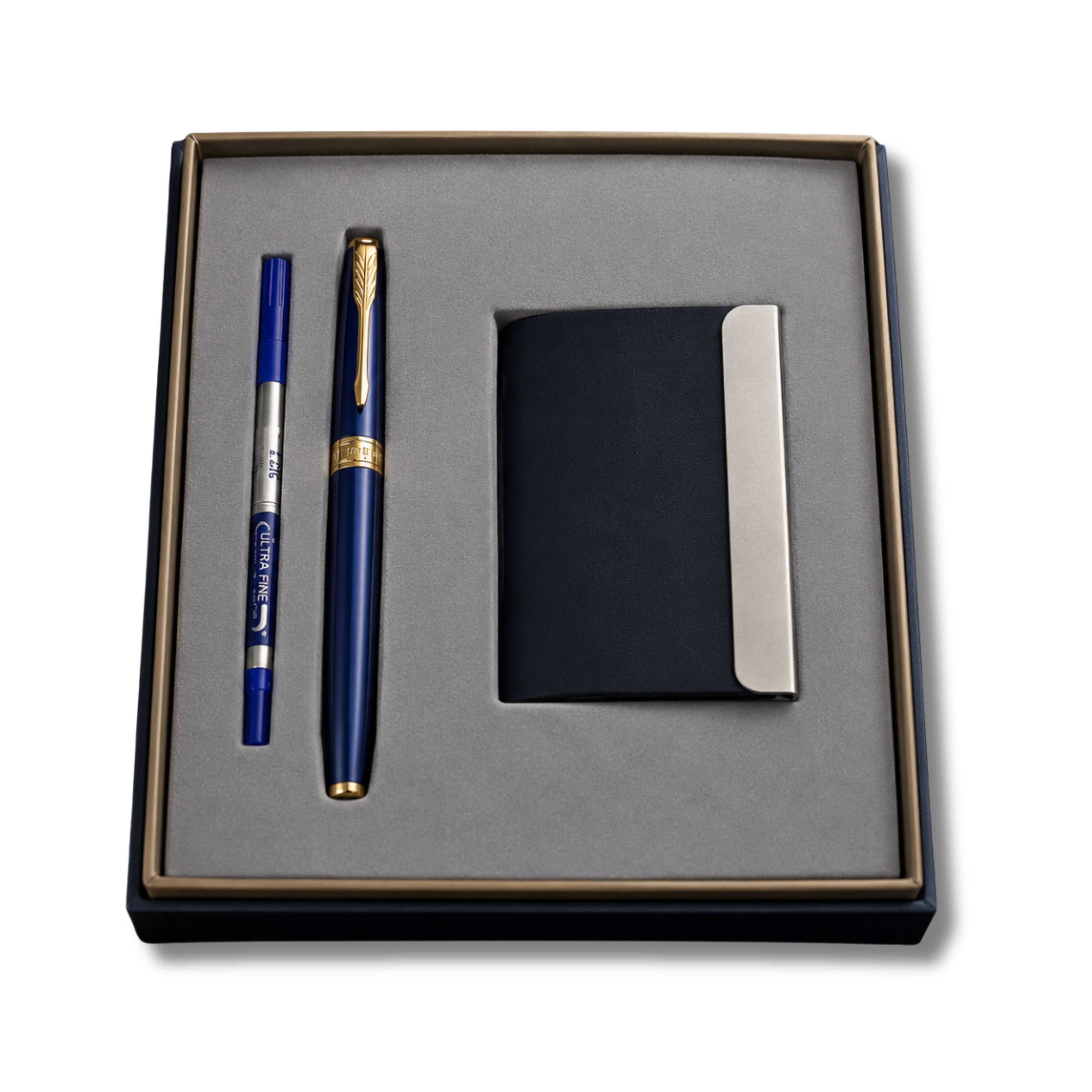 Parker Aster Matte Blue Gold Trim Rollerball Pen With Visiting Card Holder