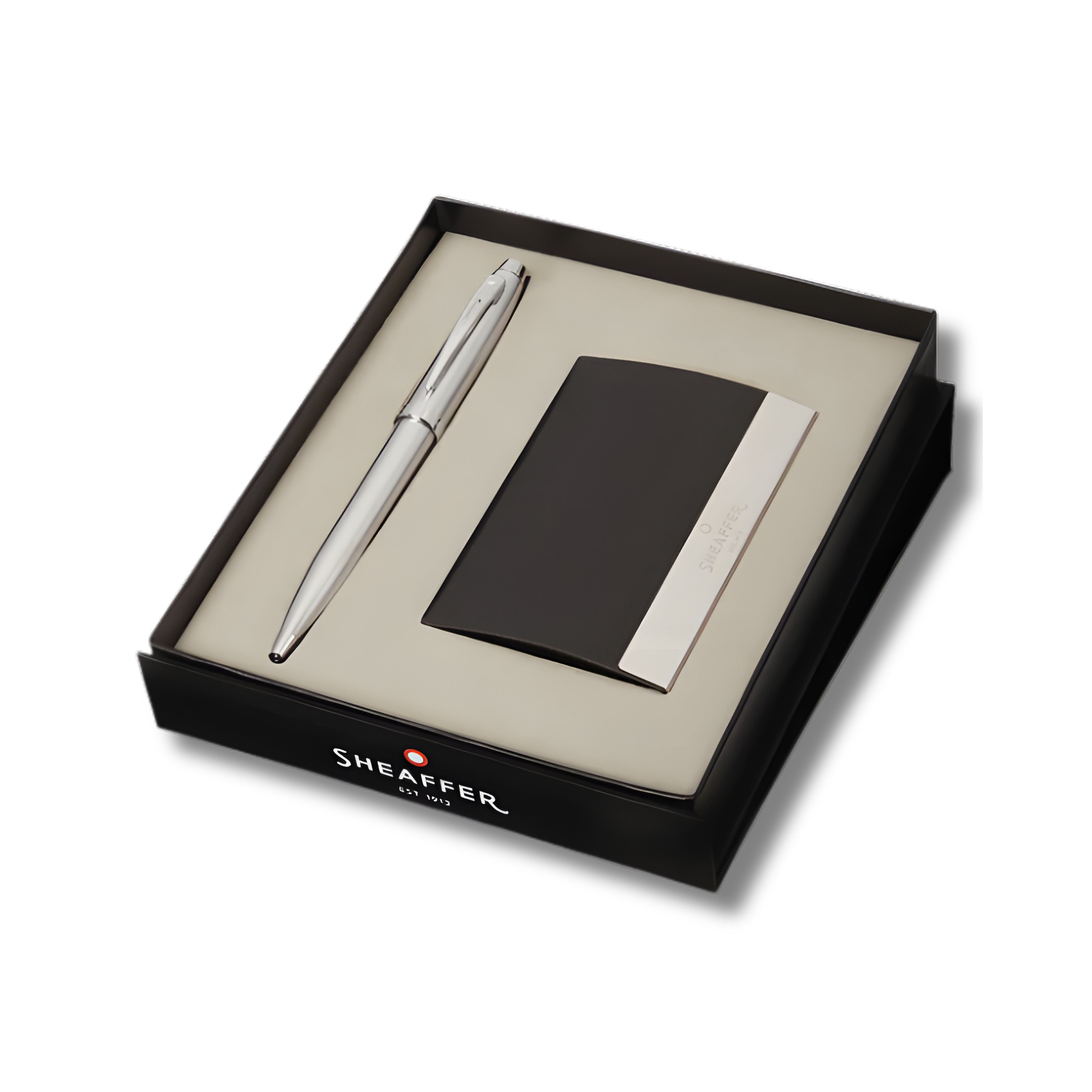 Sheaffer Gift Set ft. Brushed Chrome 100 Ballpoint Pen with Chrome Trims and Business Card Holder