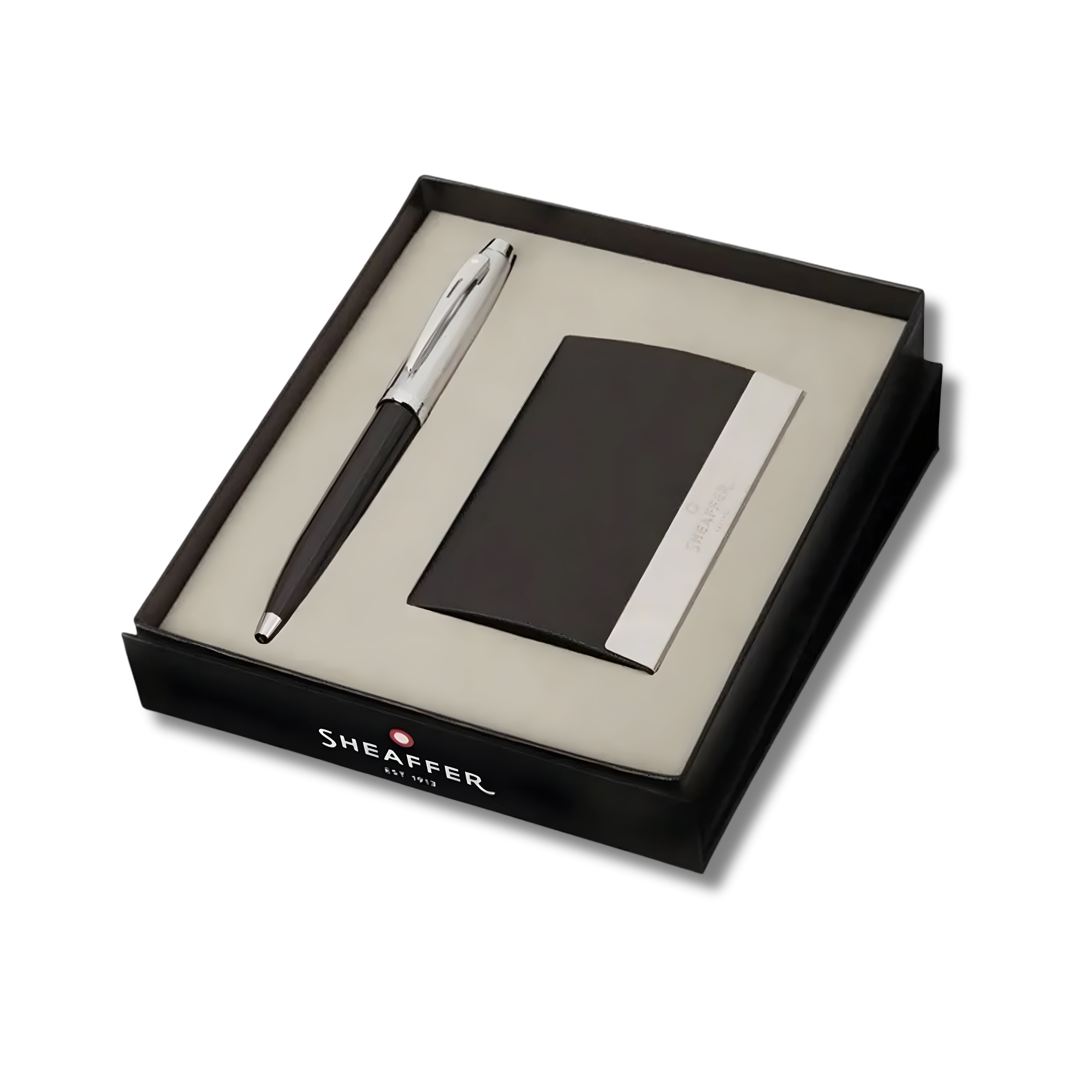 Sheaffer Gift Set ft. Glossy Black and Chrome Trims 100 Ballpoint Pen with Business Card Holder