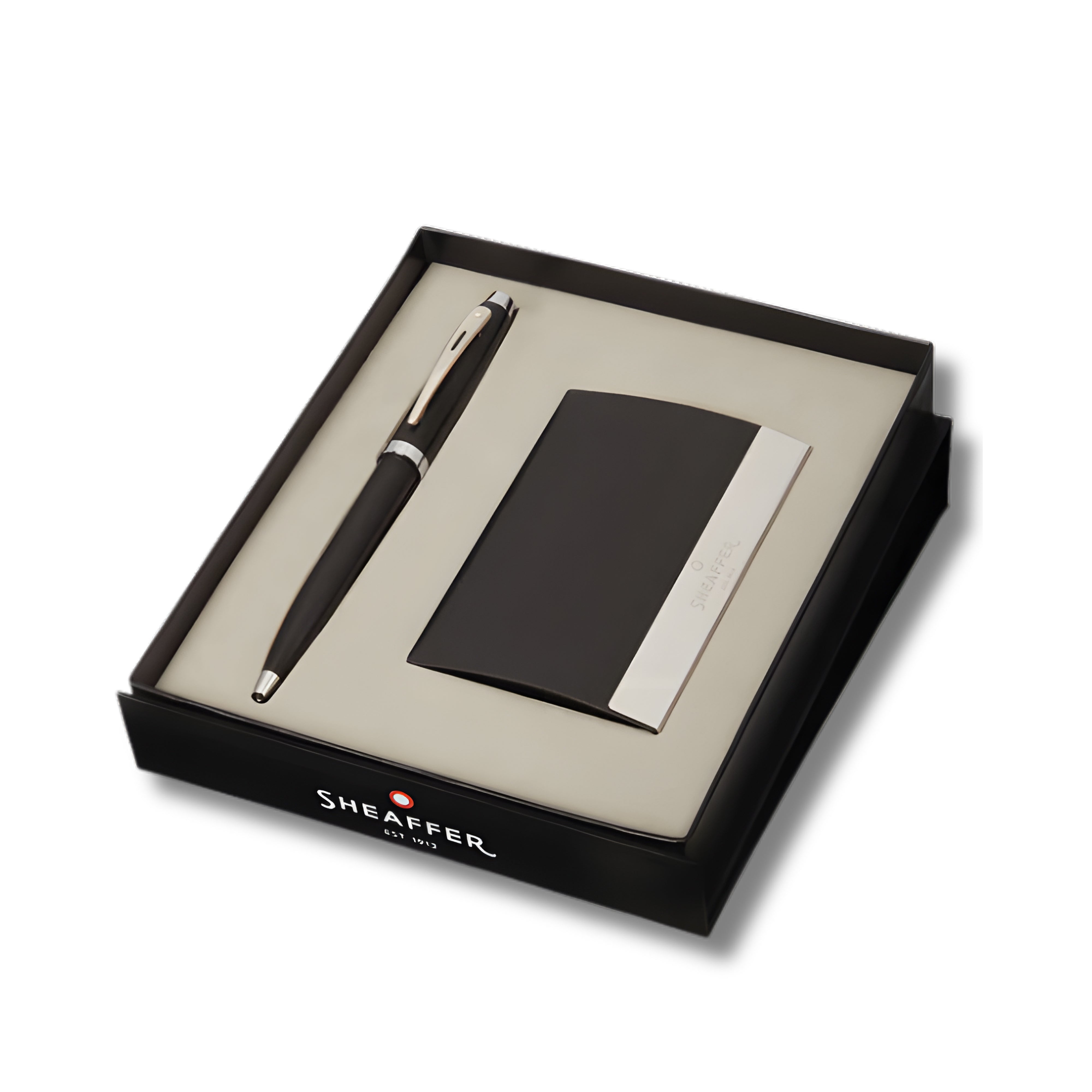 Sheaffer Gift Set ft. Matte Black 100 Ballpoint Pen with Chrome Trims and Business Card Holder